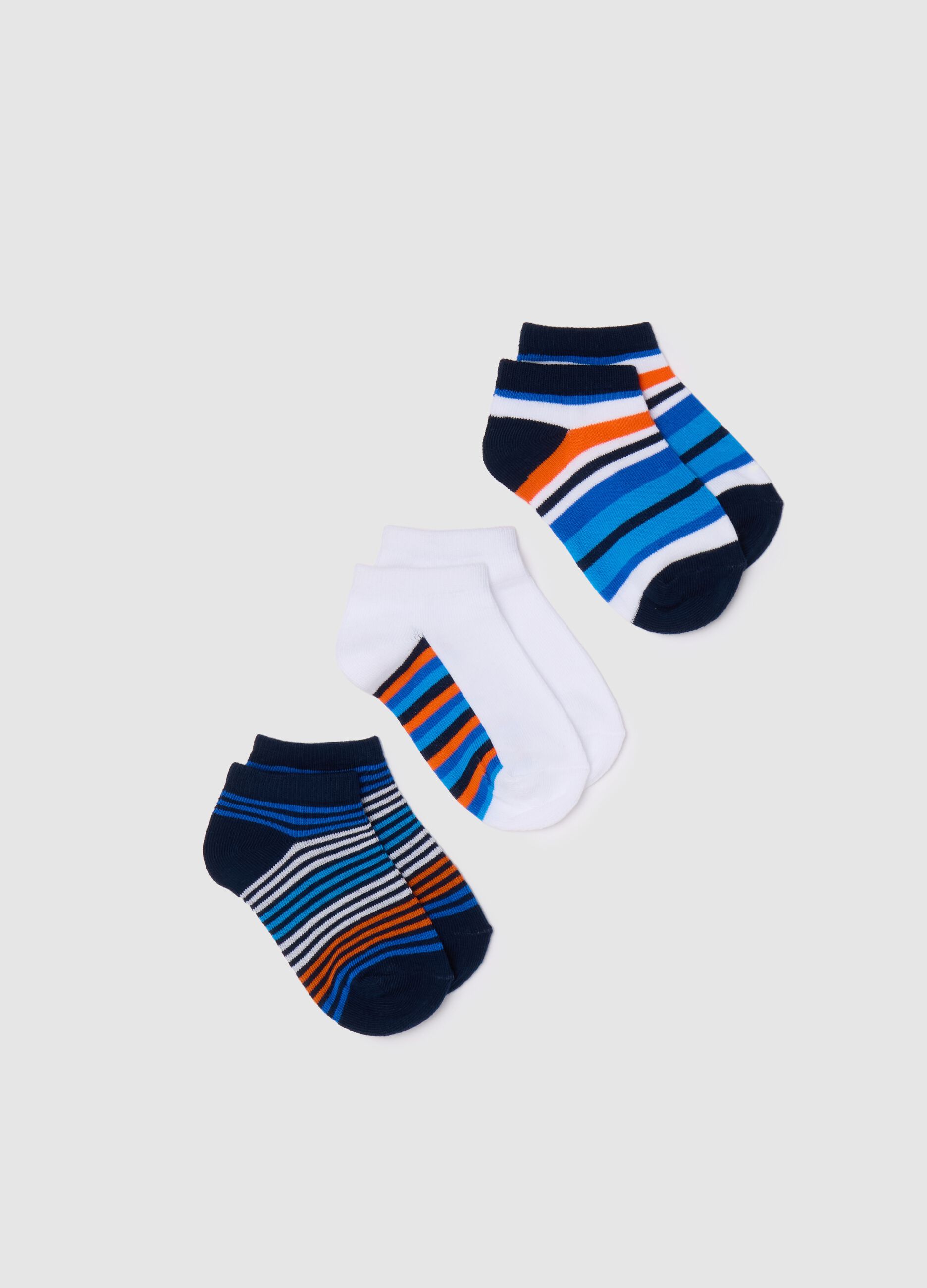 Three-pair pack stretch shoe liners with striped pattern