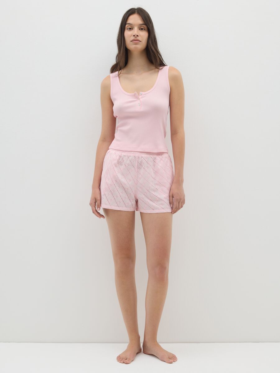 Completo pigiama canotta e shorts da donna in puro cotone rosa_0