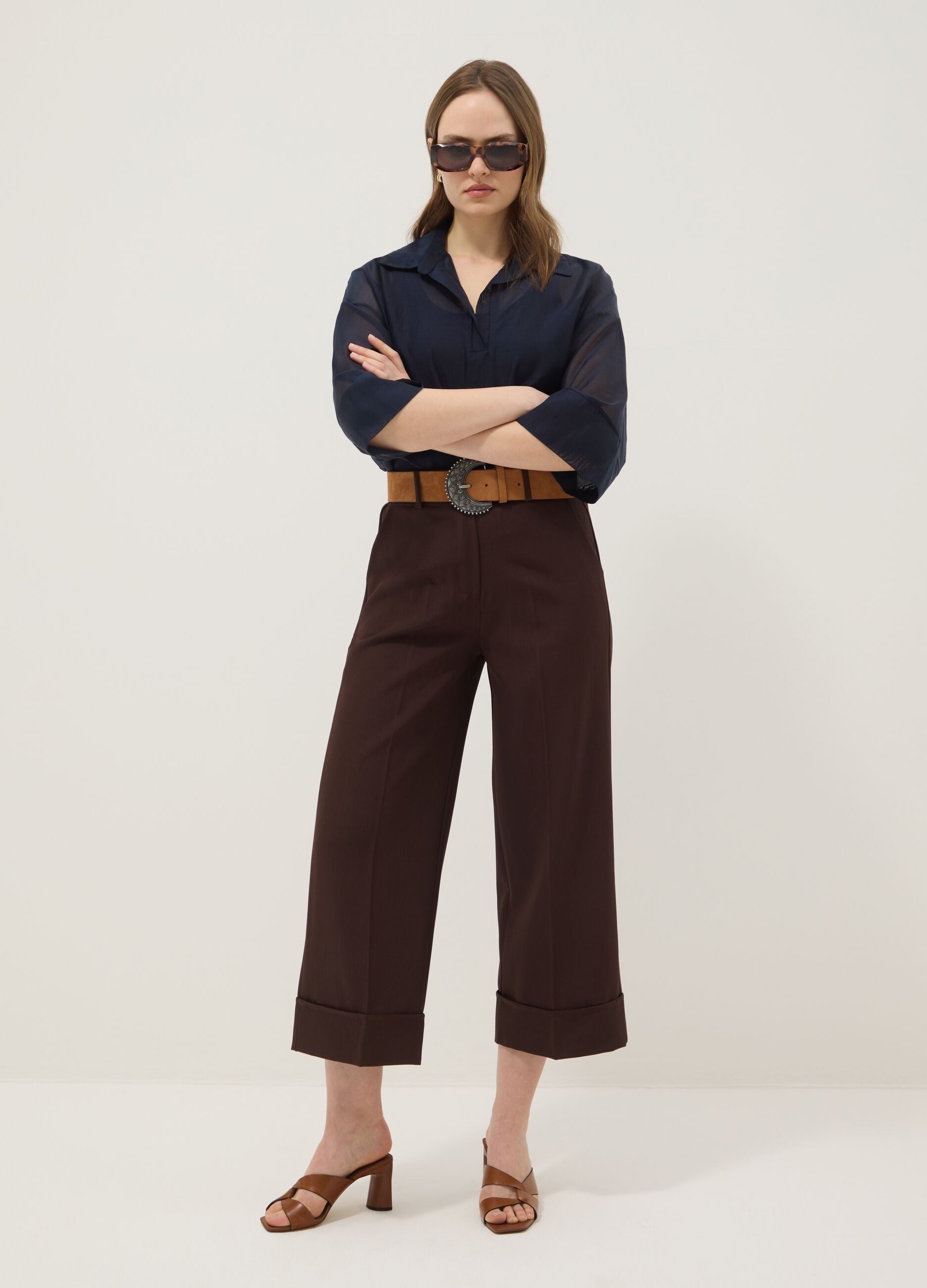 Blue long-sleeve viscose-blend blouse, regular fit
