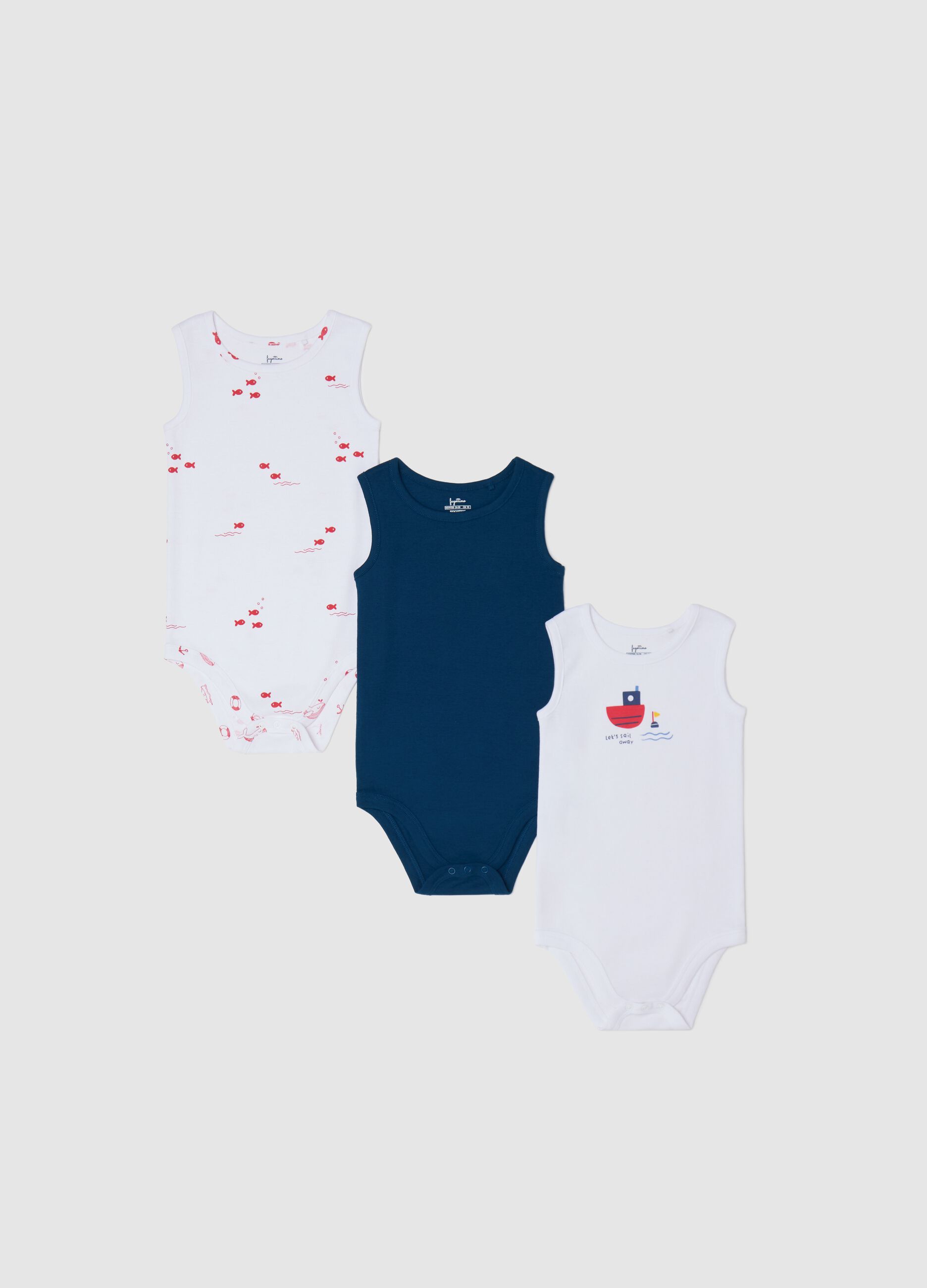 Three-pack white and blue bodysuits in organic cotton with print