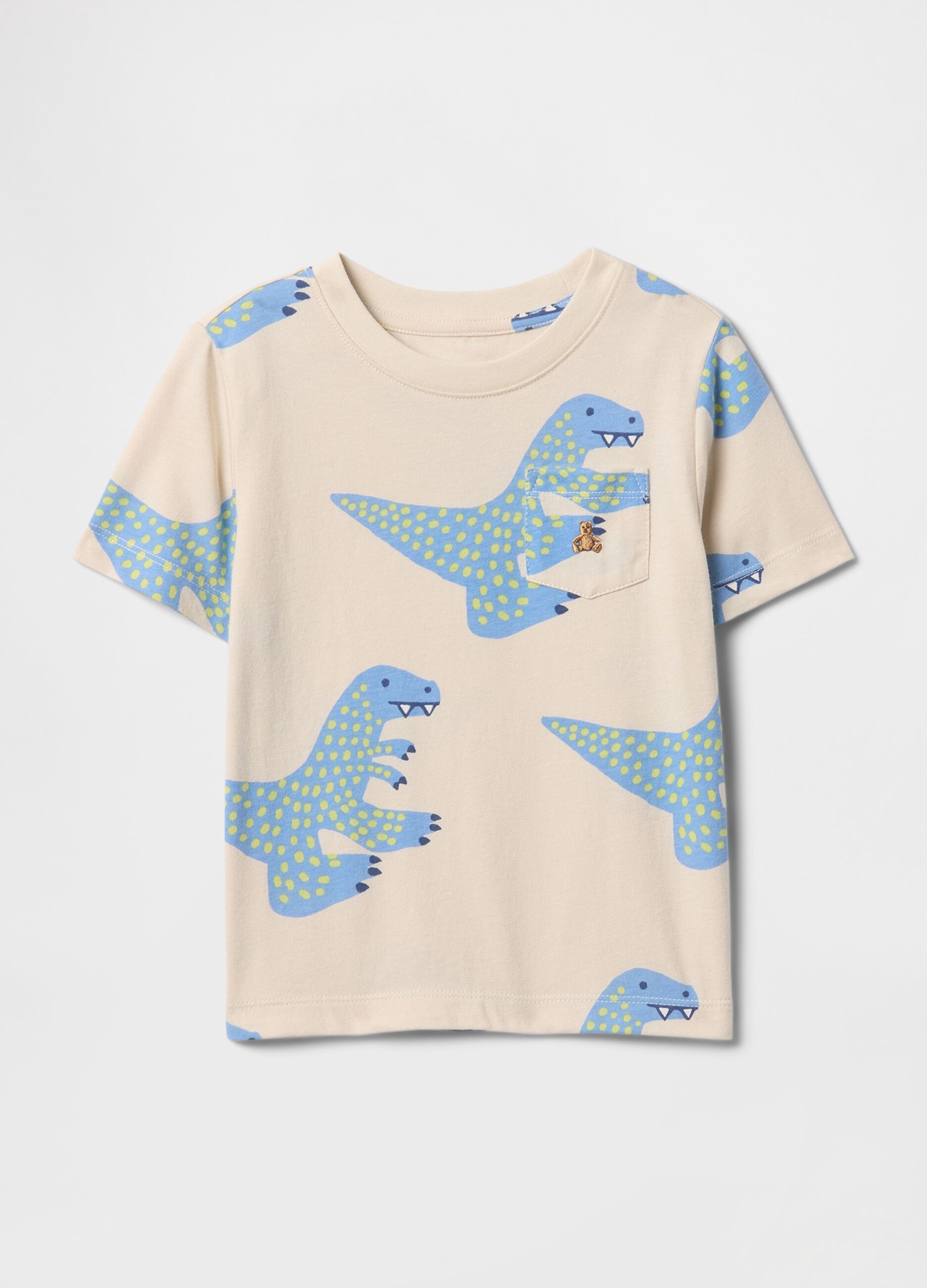 Beige Dinosaur Pattern T-shirt with Blue Dinosaurs