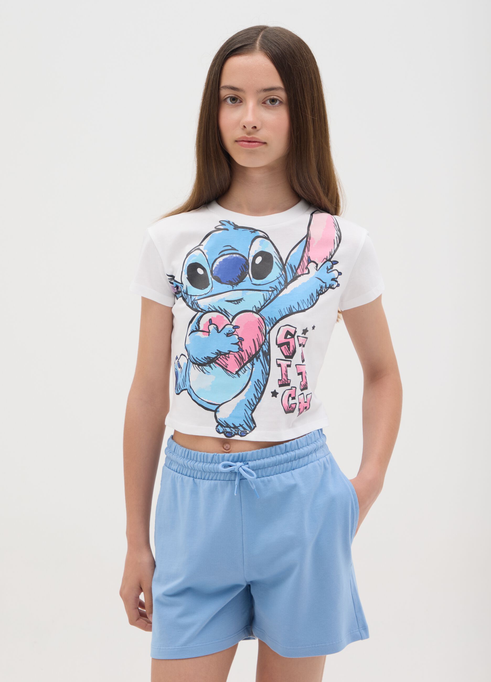 White crop T-shirt in cotton with Stitch print