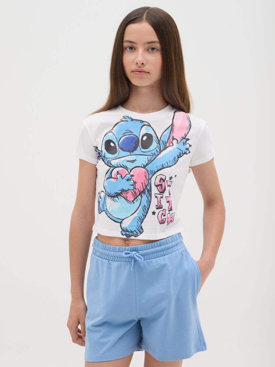 White crop T-shirt in cotton with Stitch print_0