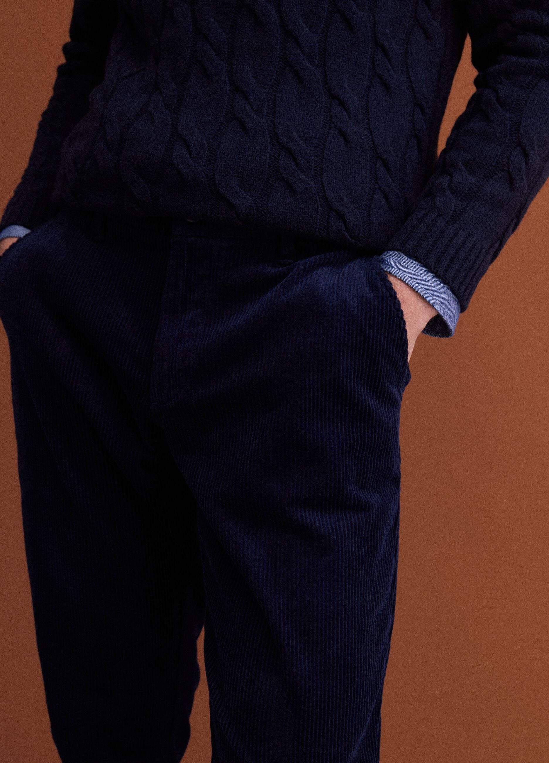 Navy stretch cotton corduroy regular-fit chino trousers