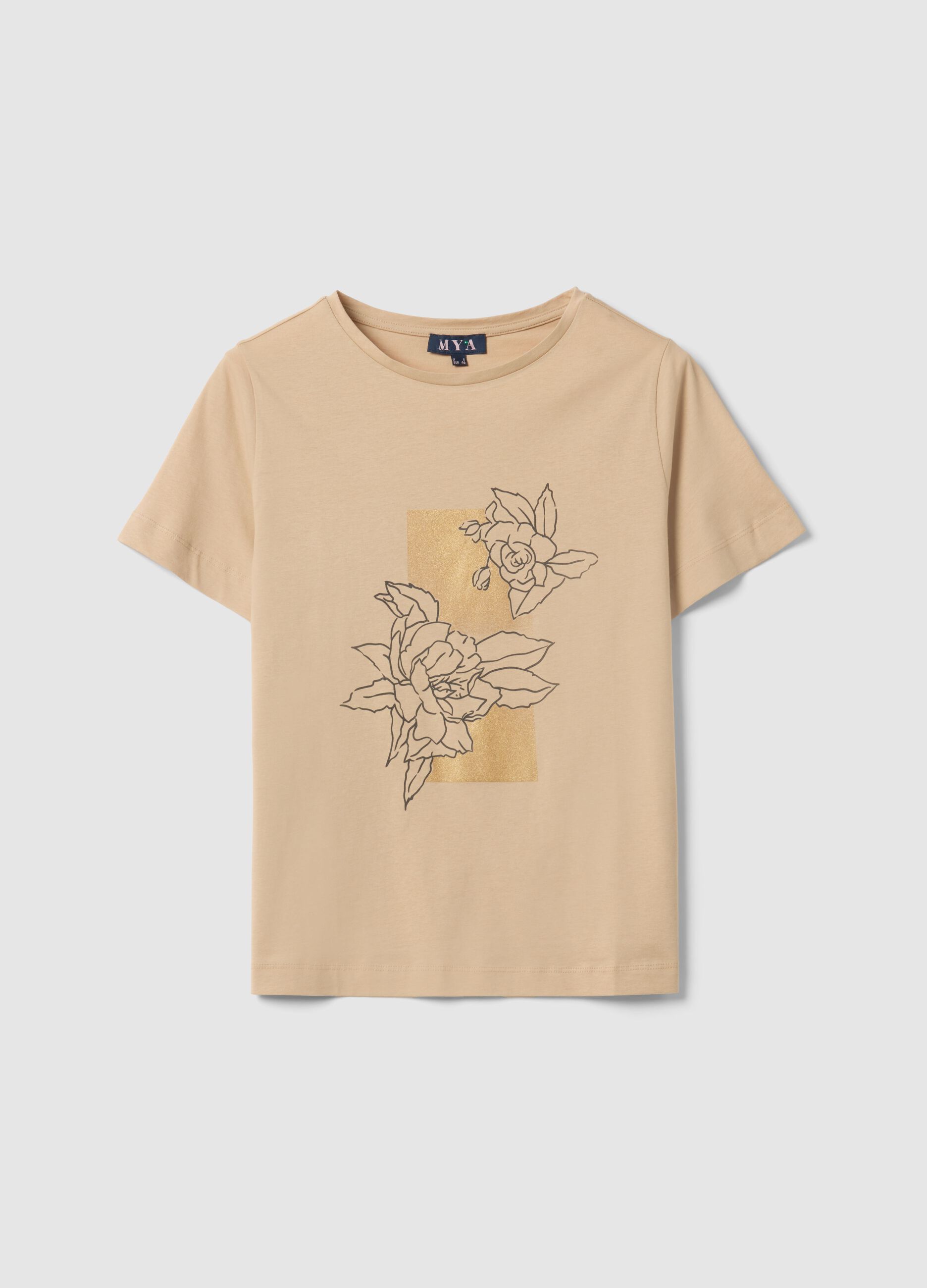 Beige short-sleeve pure cotton printed T-shirt, regular fit