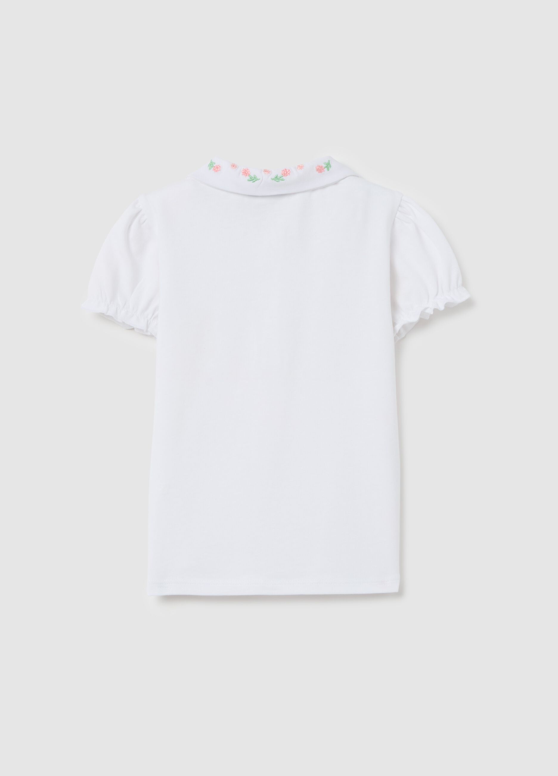 Stretch cotton polo shirt with flowers embroidery