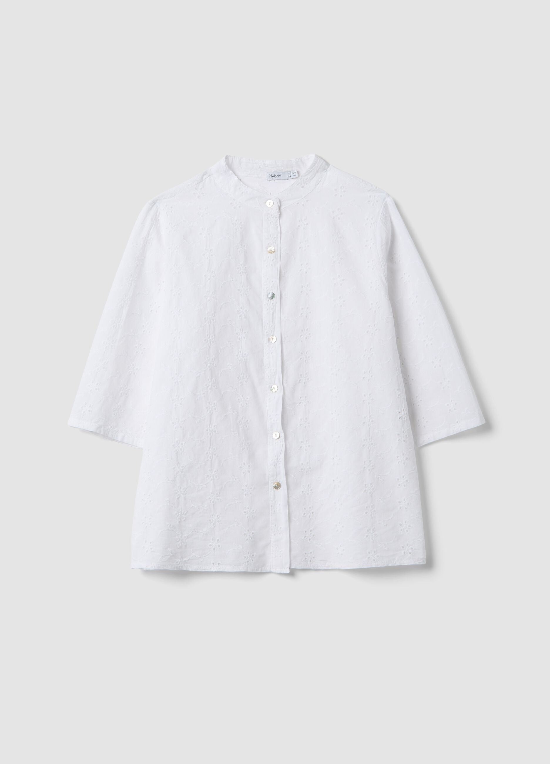 White pure cotton broderie anglaise shirt with band collar, regular fit
