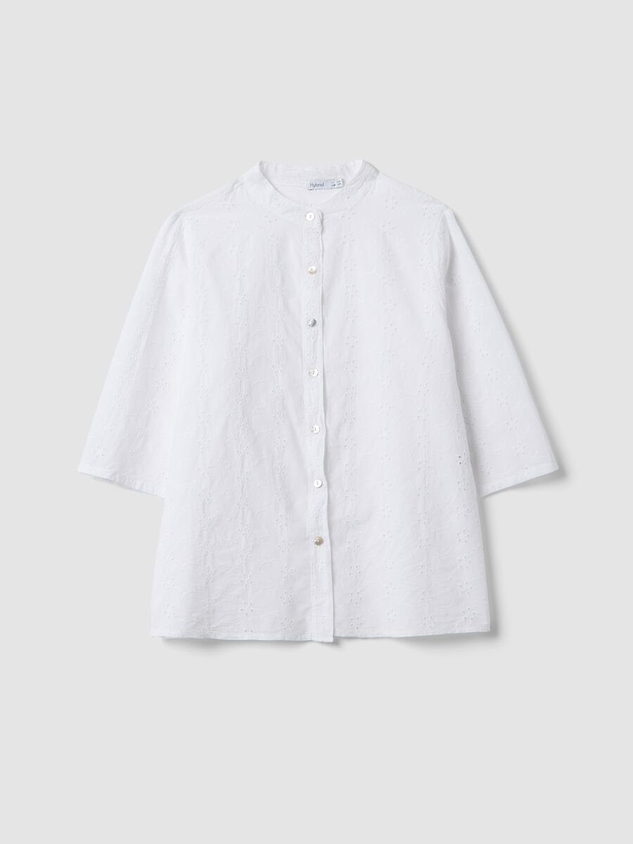 Camicia bianca in puro cotone traforata con collo alla coreana regular fit_4