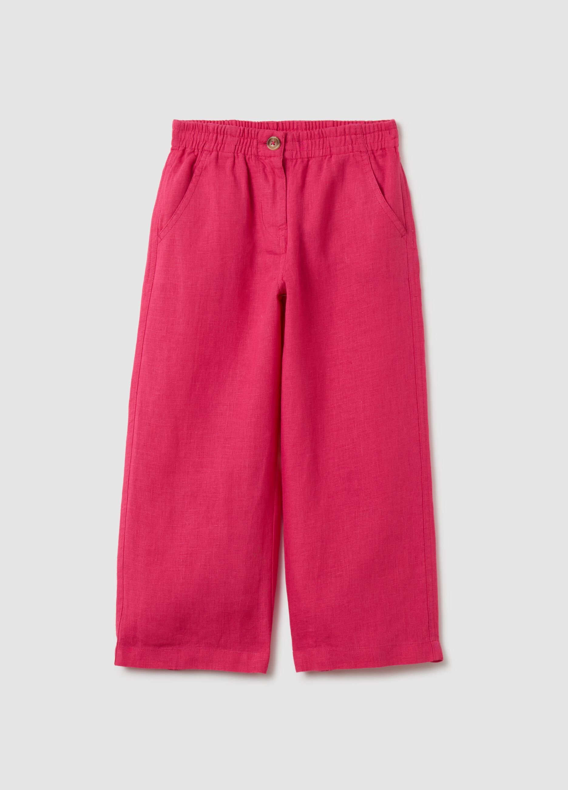 Girls' pure linen wide leg pink trousers
