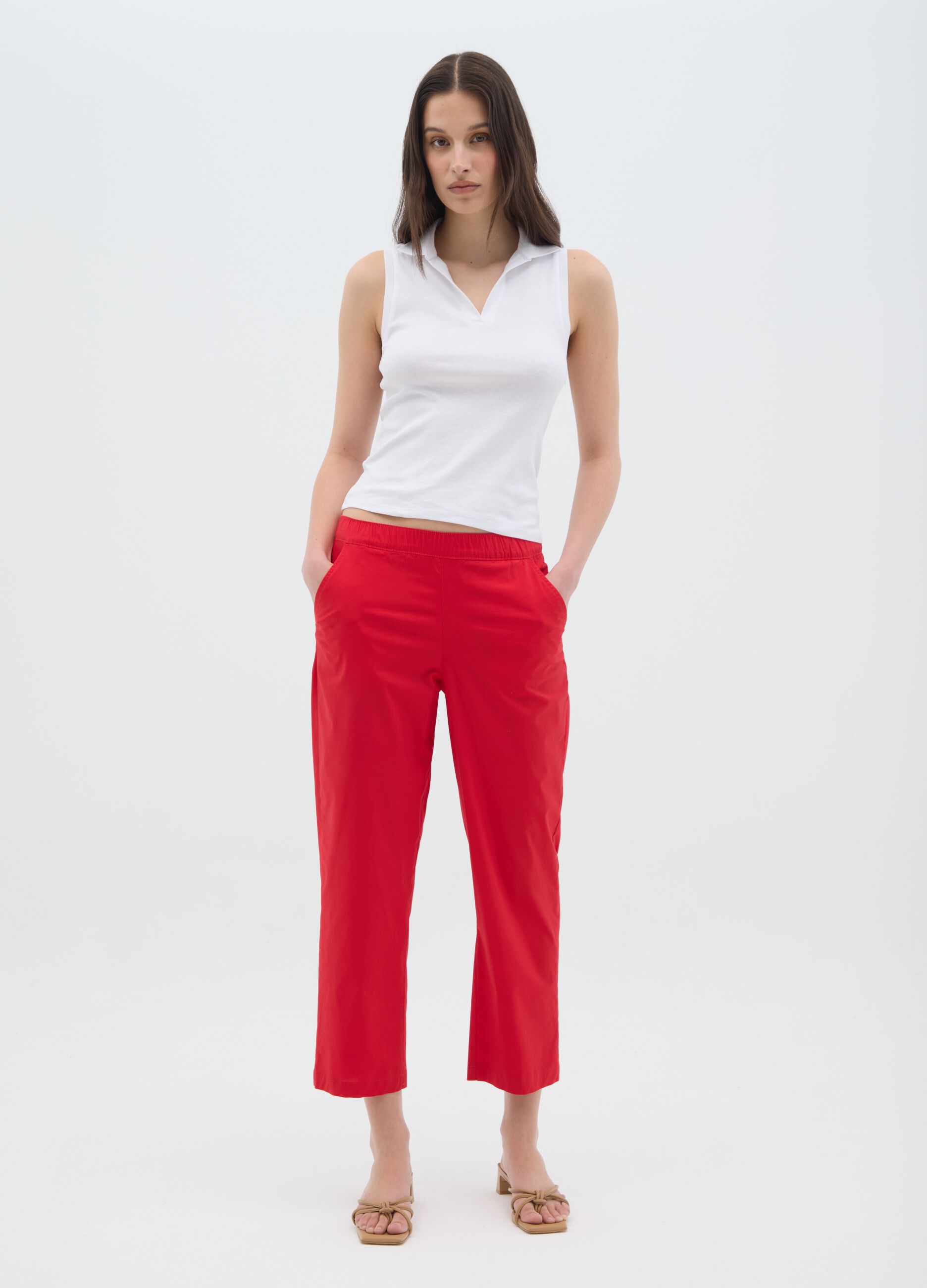 Women's red regular fit stretch cotton trousers