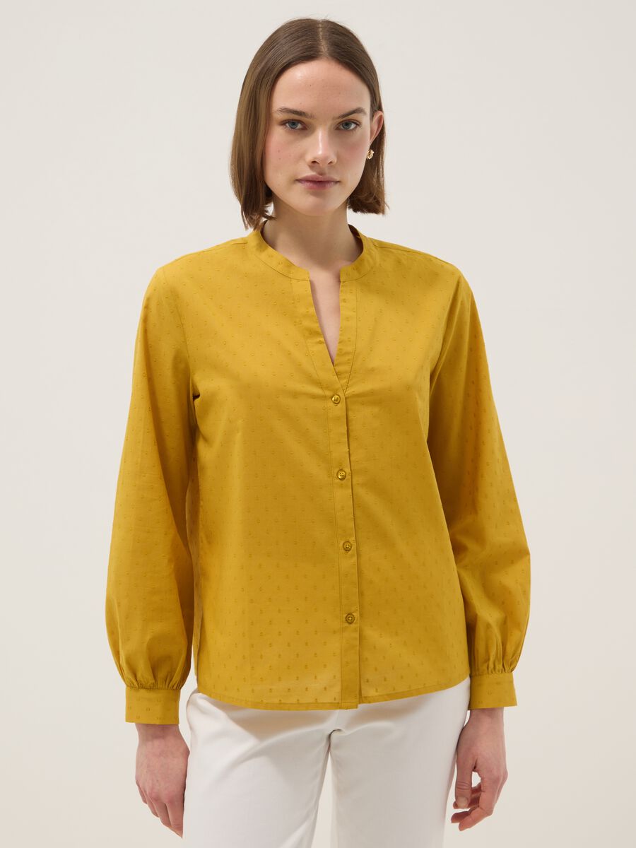Yellow pure cotton regular fit deep V shirt with polka dots_0