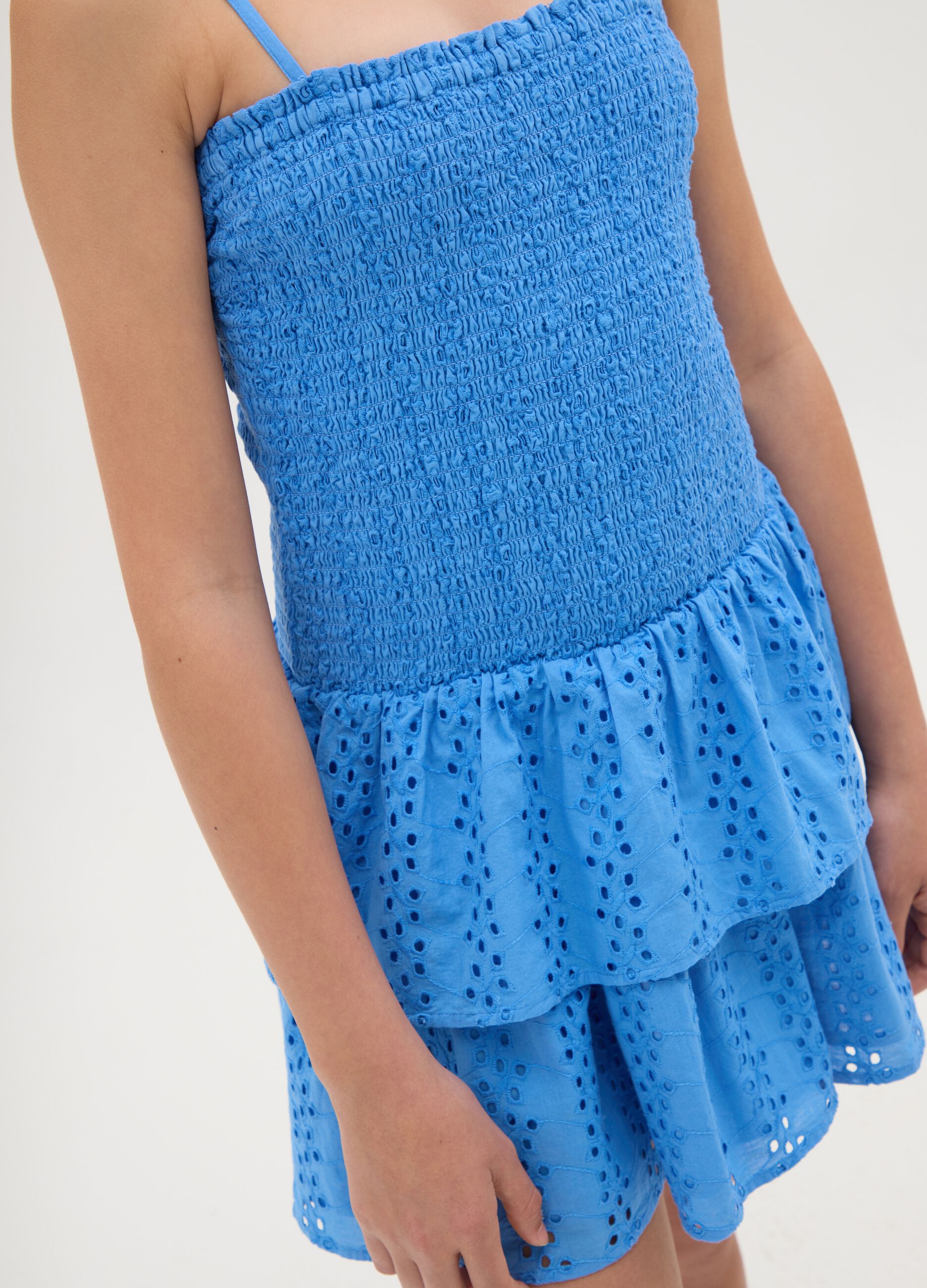Abito da ragazza in puro cotone blu regular fit con balze e spalline sottili