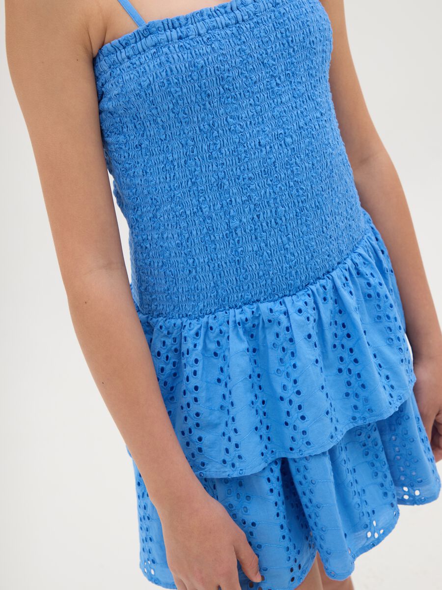 Girls' blue pure cotton dress, regular fit with ruffles and thin straps_2