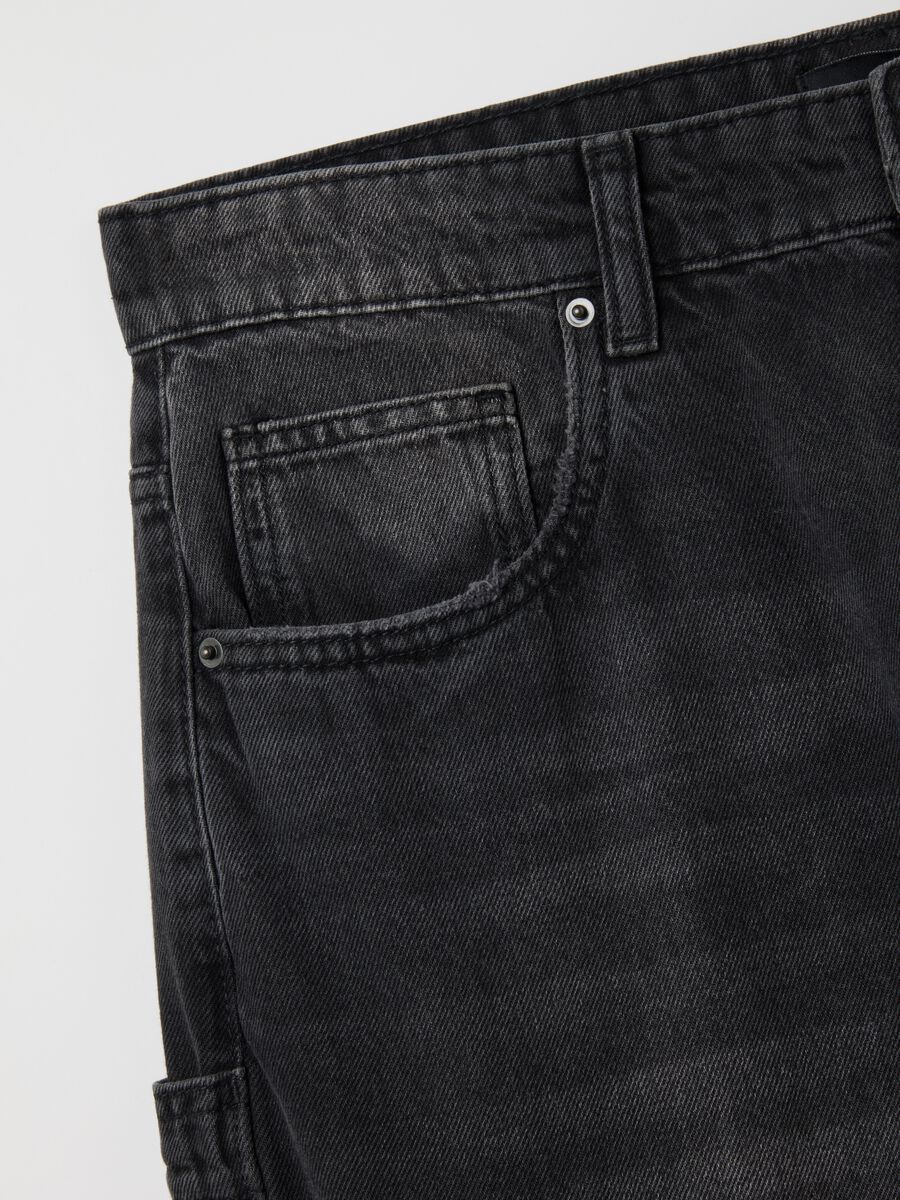 Jeans baggy in puro cotone neri con tasche cargo_5