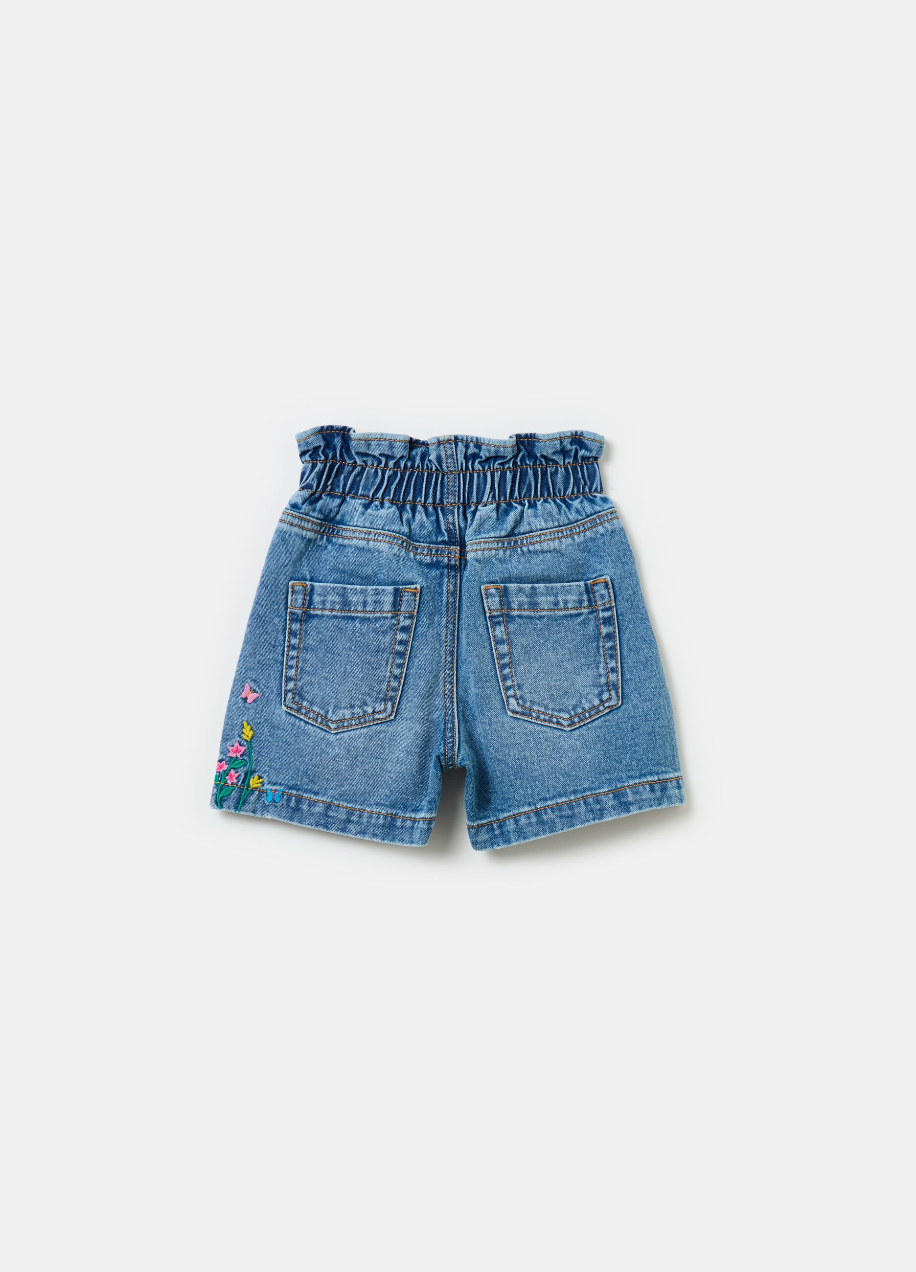 Shorts paper bag in denim con ricamo