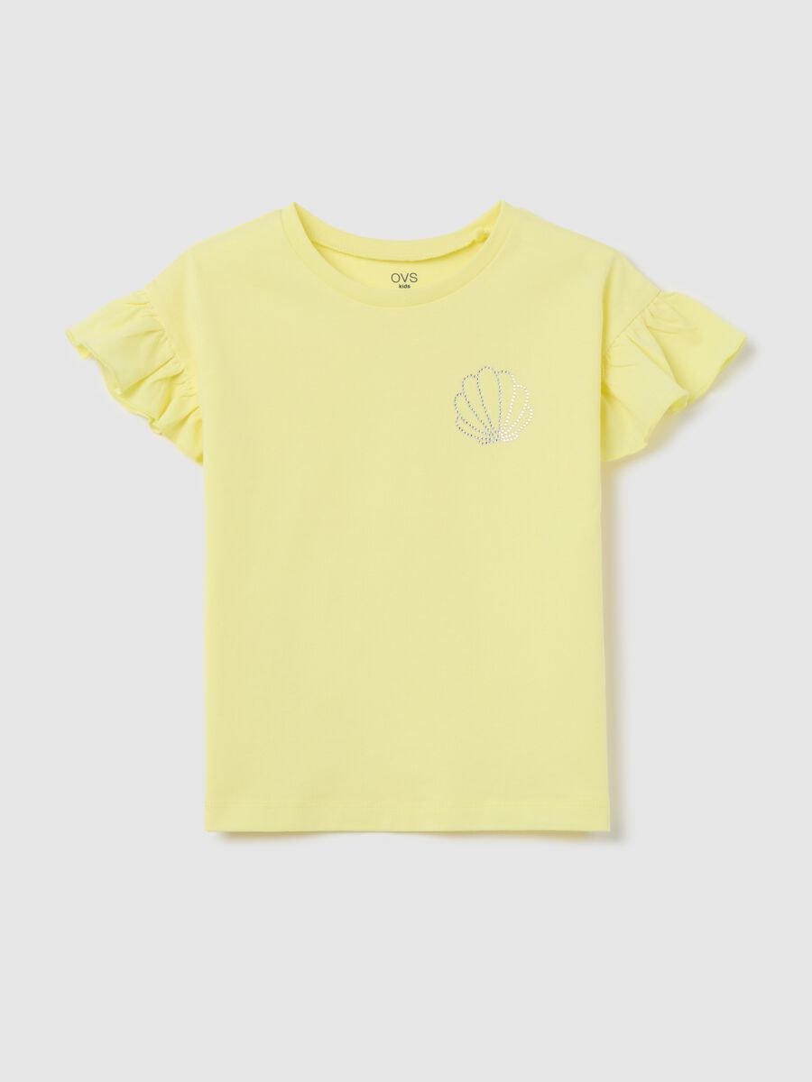 Yellow T-shirt in cotton with diamantés_0