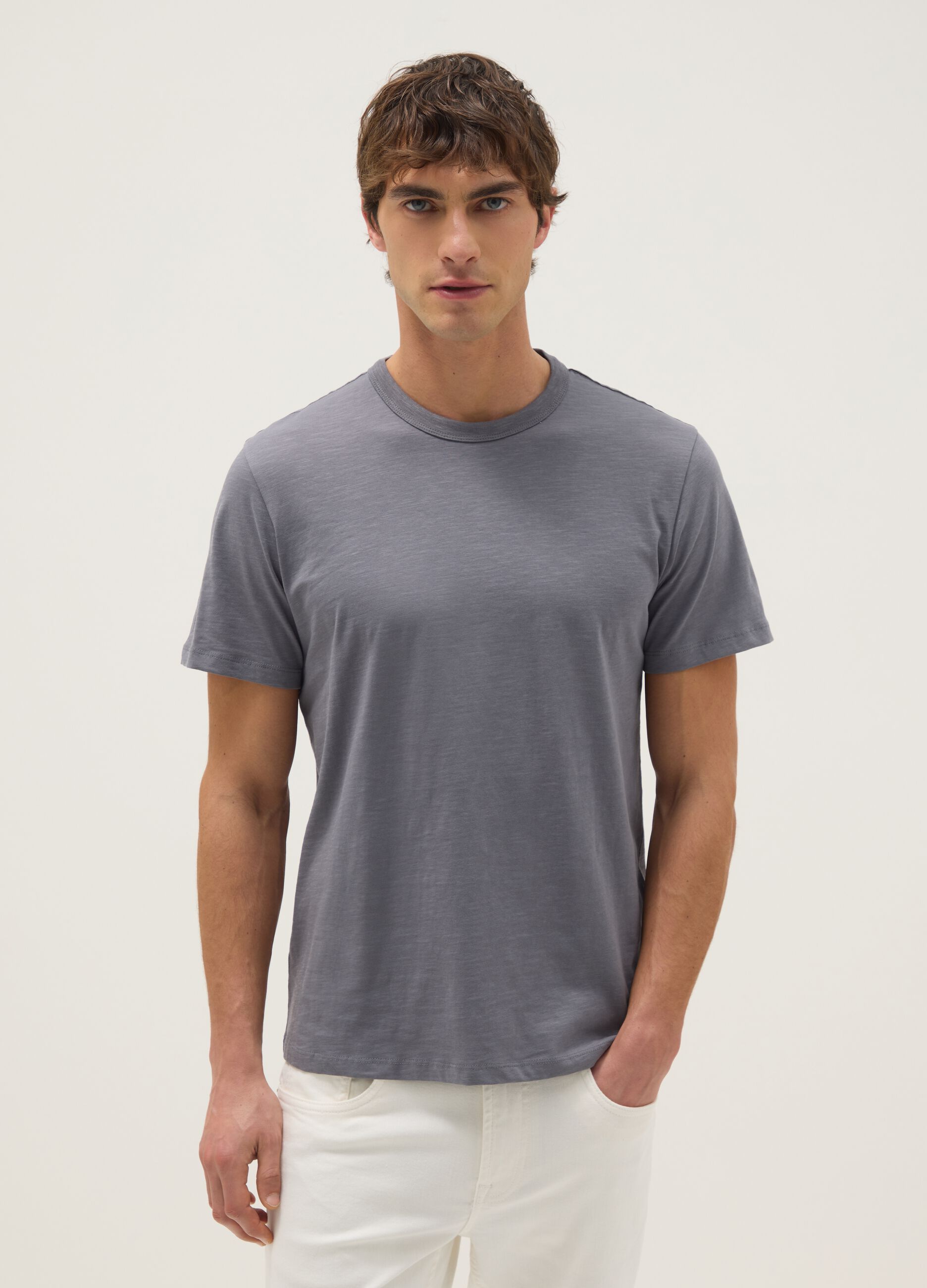 Grey pure cotton short sleeve T-shirt regular fit