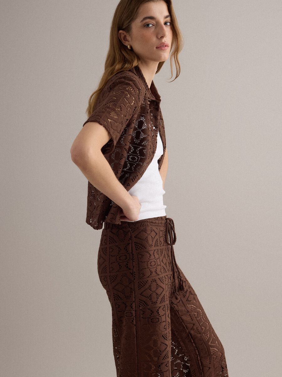 Brown open-knit short-sleeve polo shirt, regular fit_0