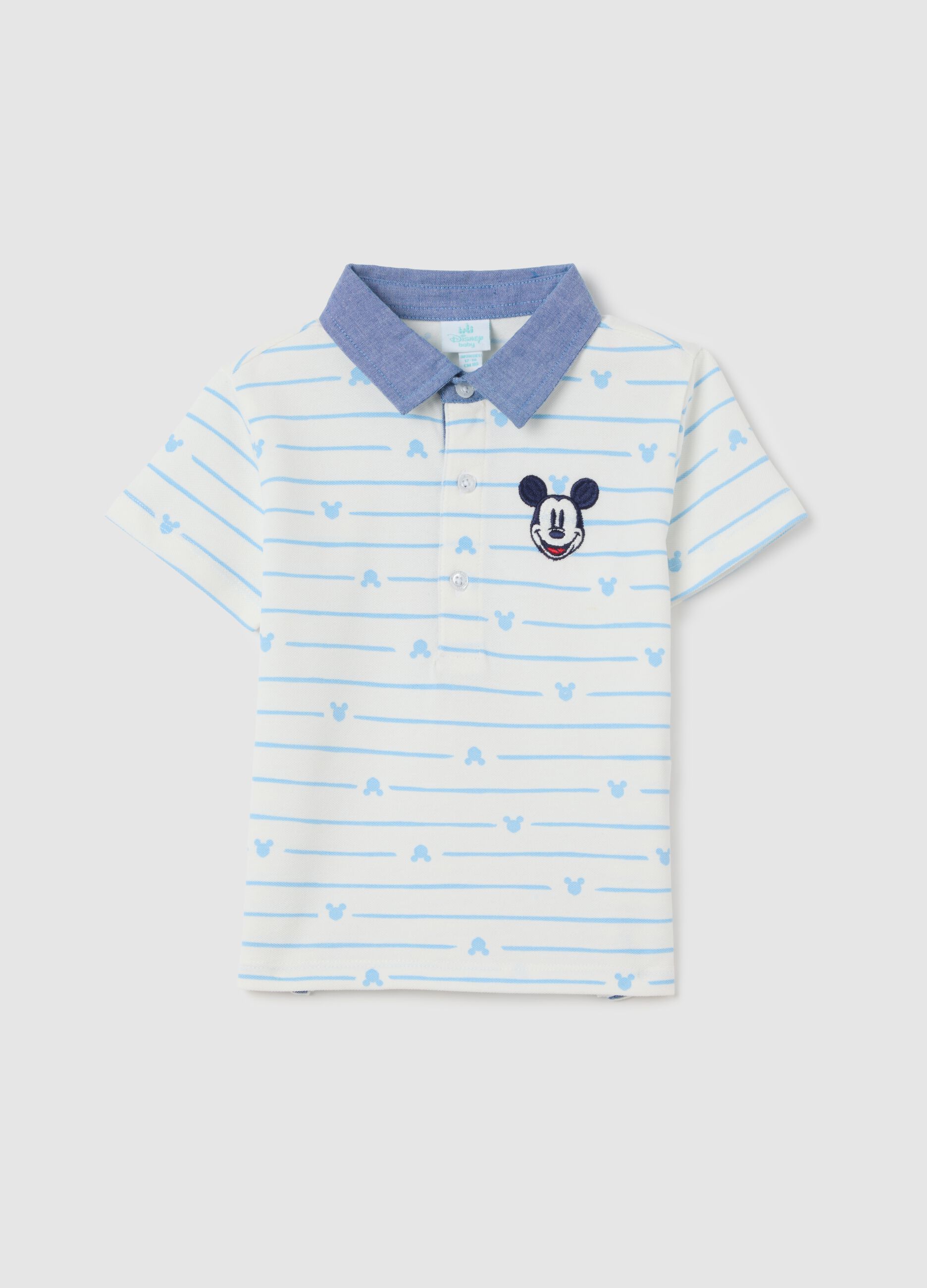 White and Light Blue Striped Polo Shirt with Mickey Mouse
