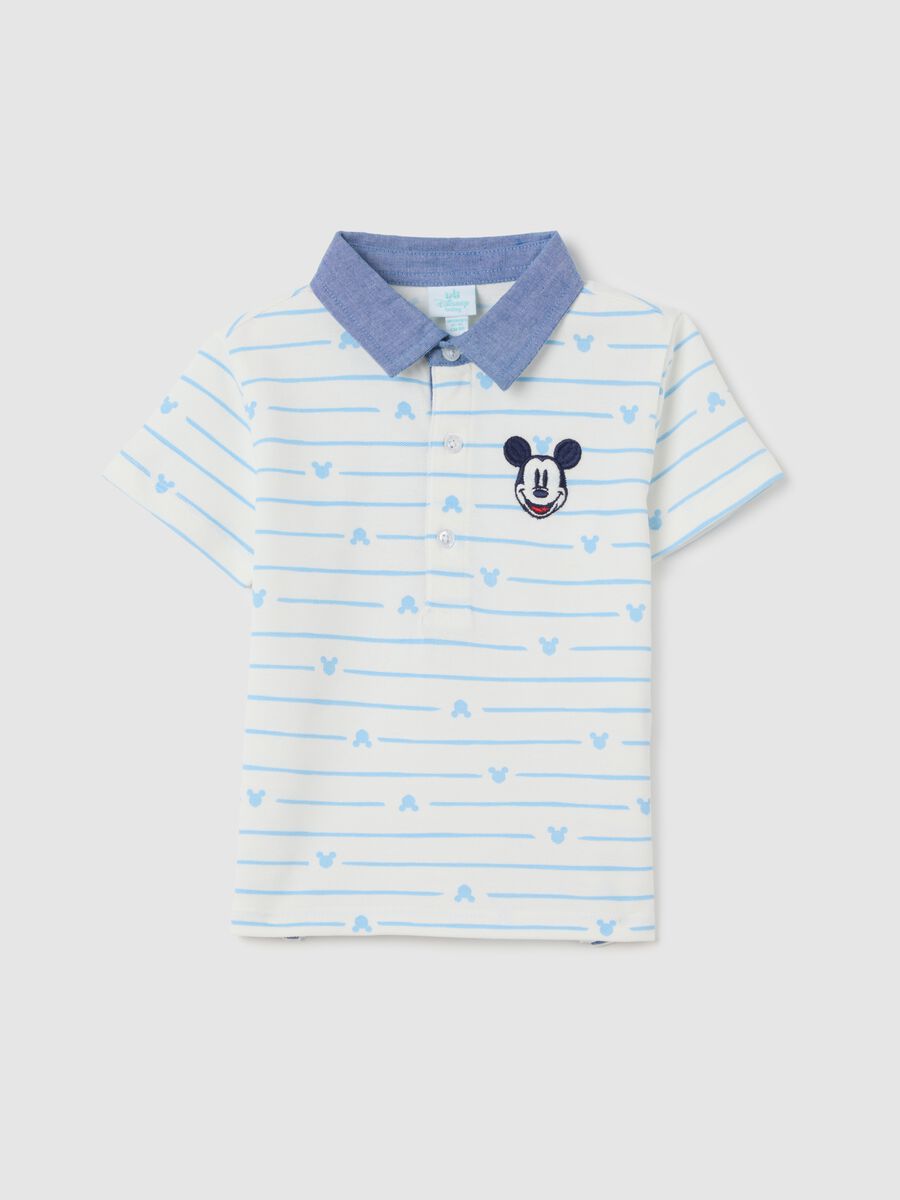 White and Light Blue Striped Polo Shirt with Mickey Mouse_0