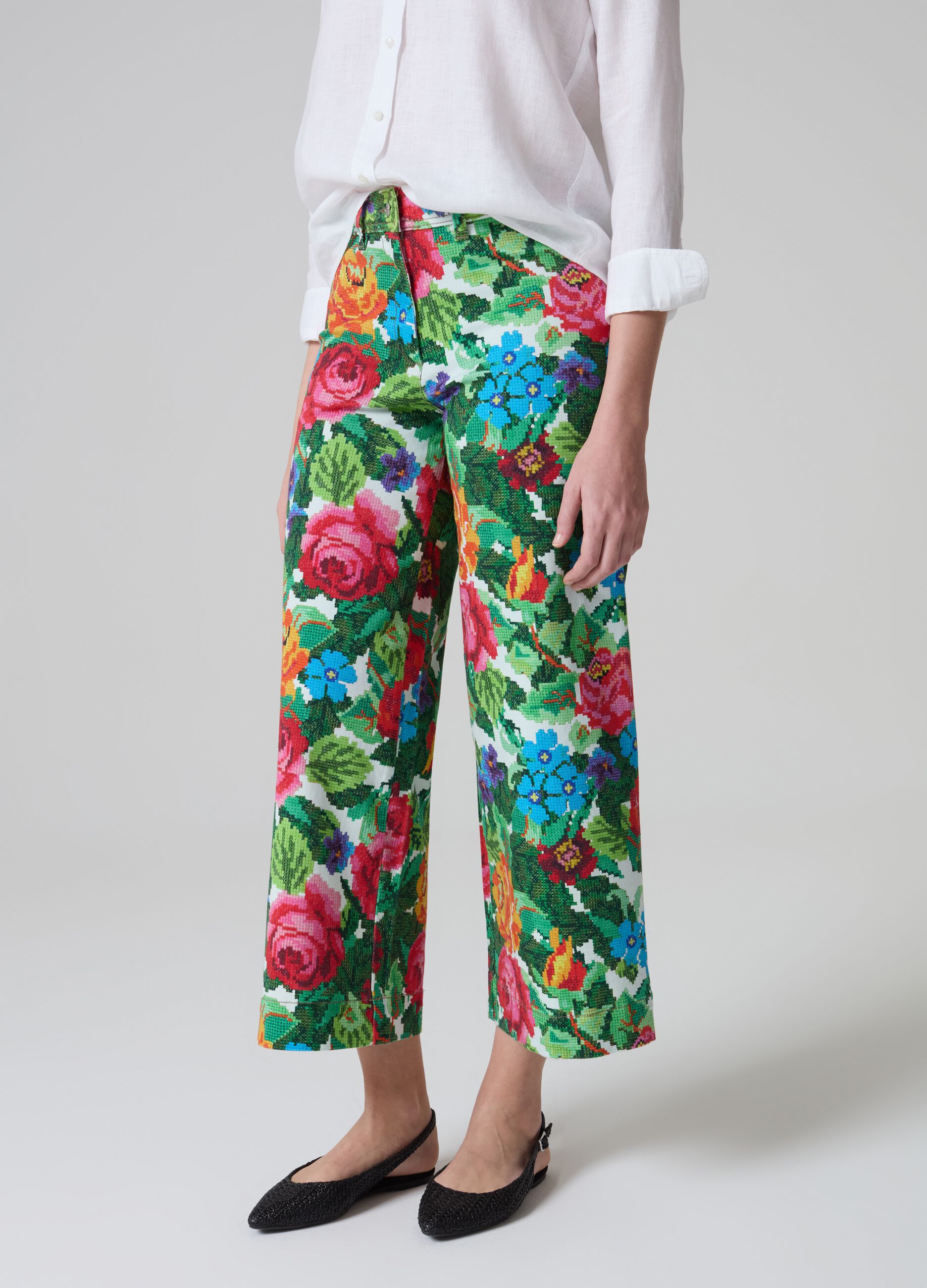 Pantalone wide leg floreale effetto ricamo