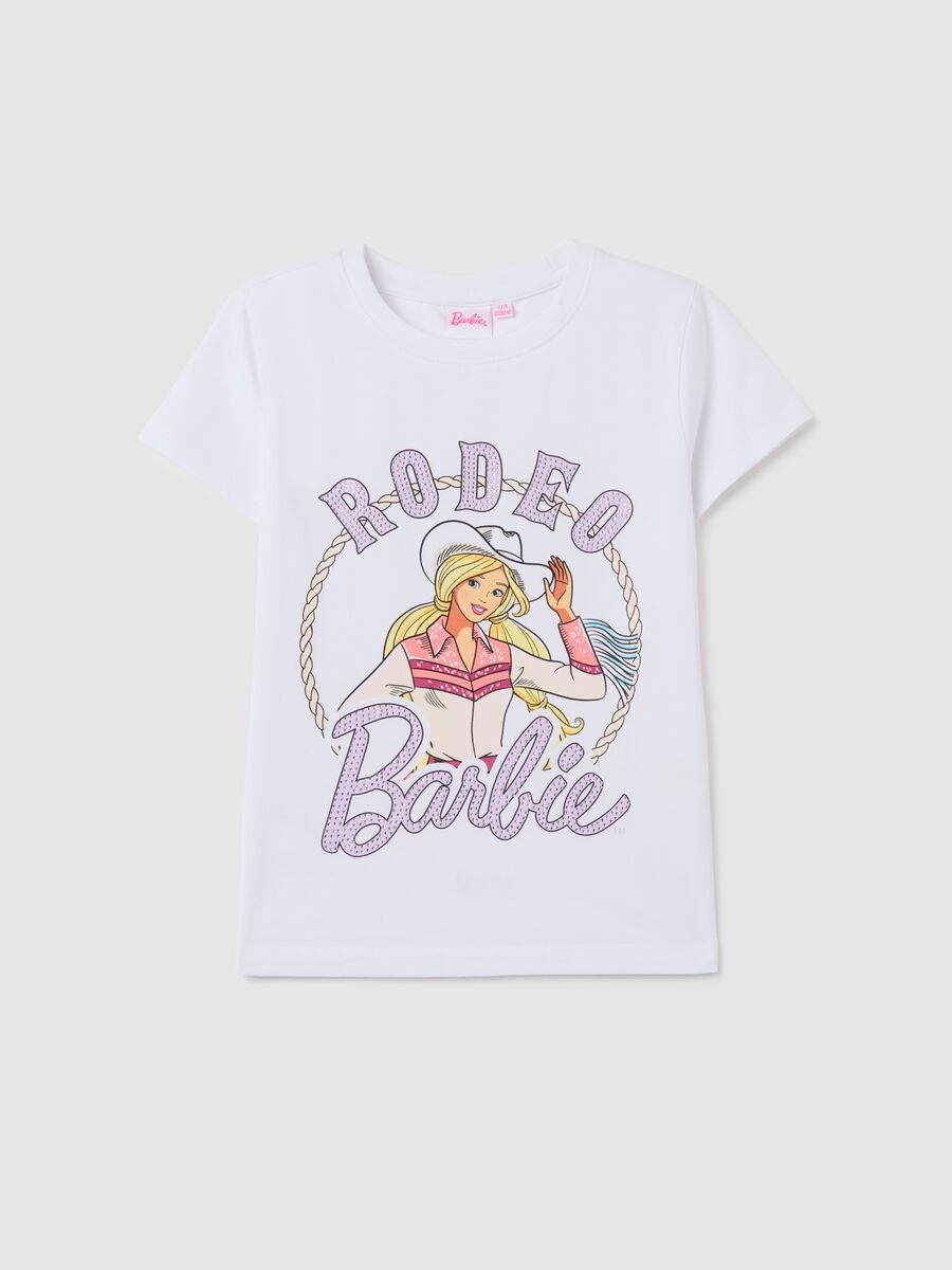 Girl's white stretch cotton T-shirt with Barbie print_0