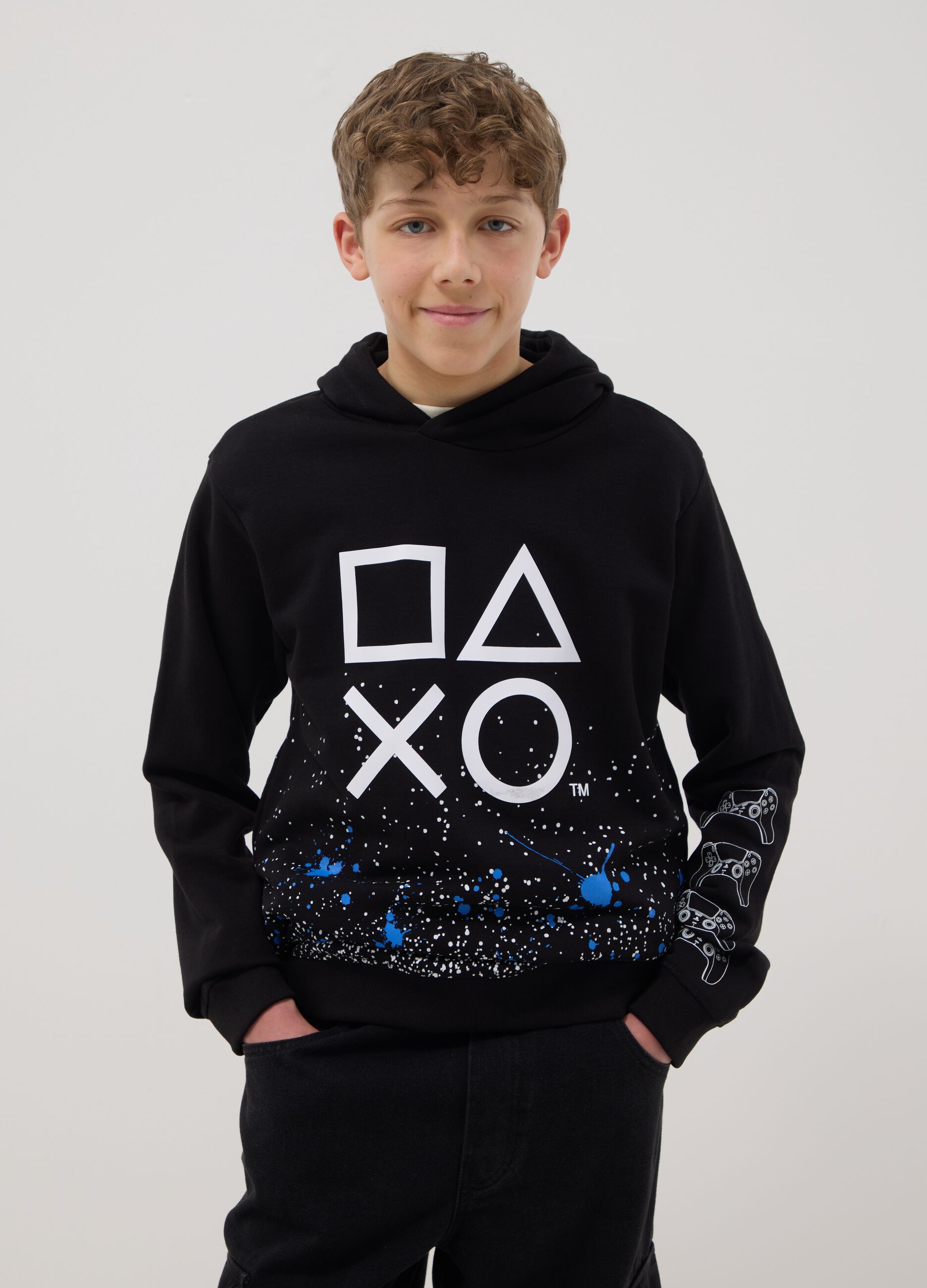 Felpa in misto cotone nero da bambino con stampa Playstation