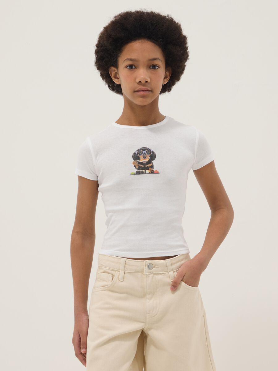 T-shirt bianca in puro cotone da ragazza slim fit con stampa cane_0