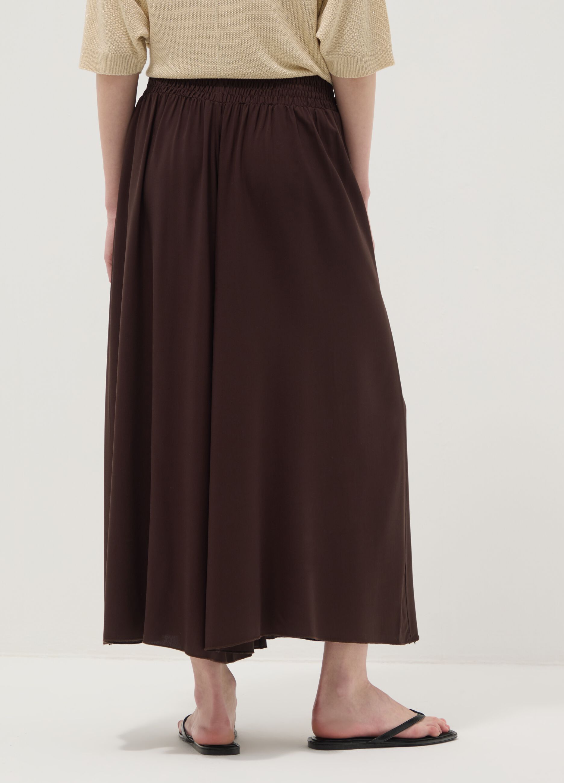 Wide brown pure viscose trousers with elasticated waist, regular fit