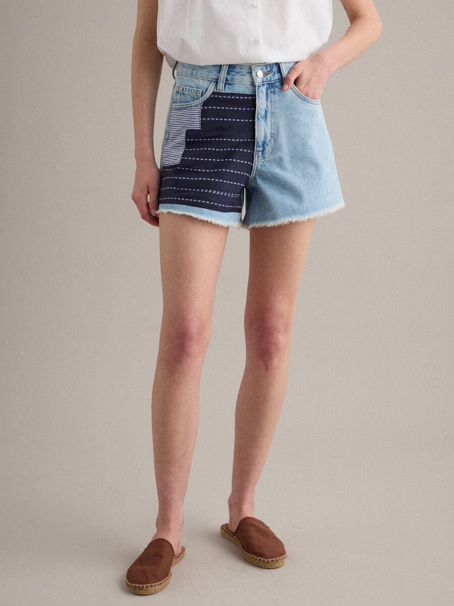 Light blue pure-cotton denim shorts with patchwork inserts_1