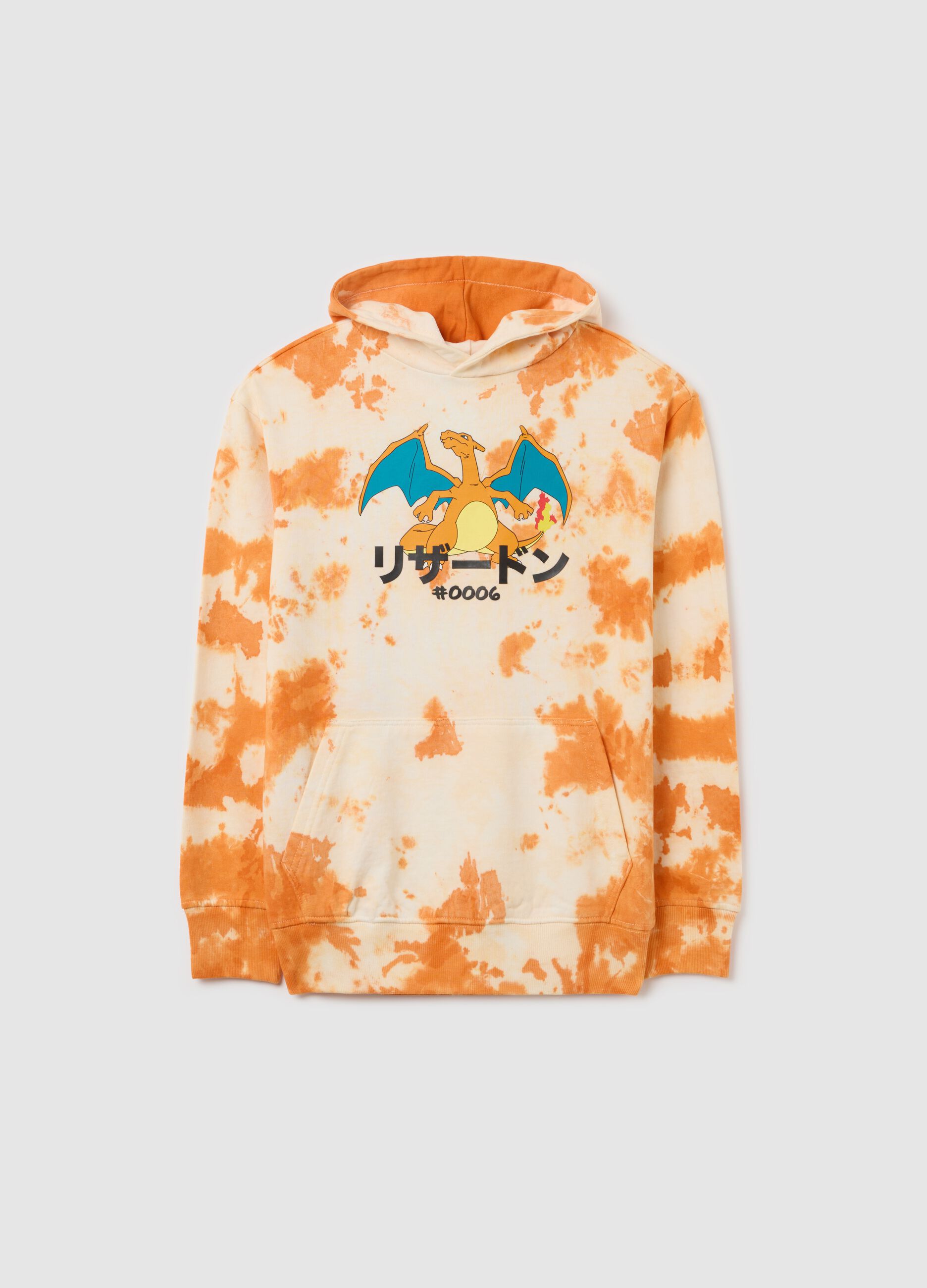 Orange tie-dye sweatshirt with hood and Charizard print