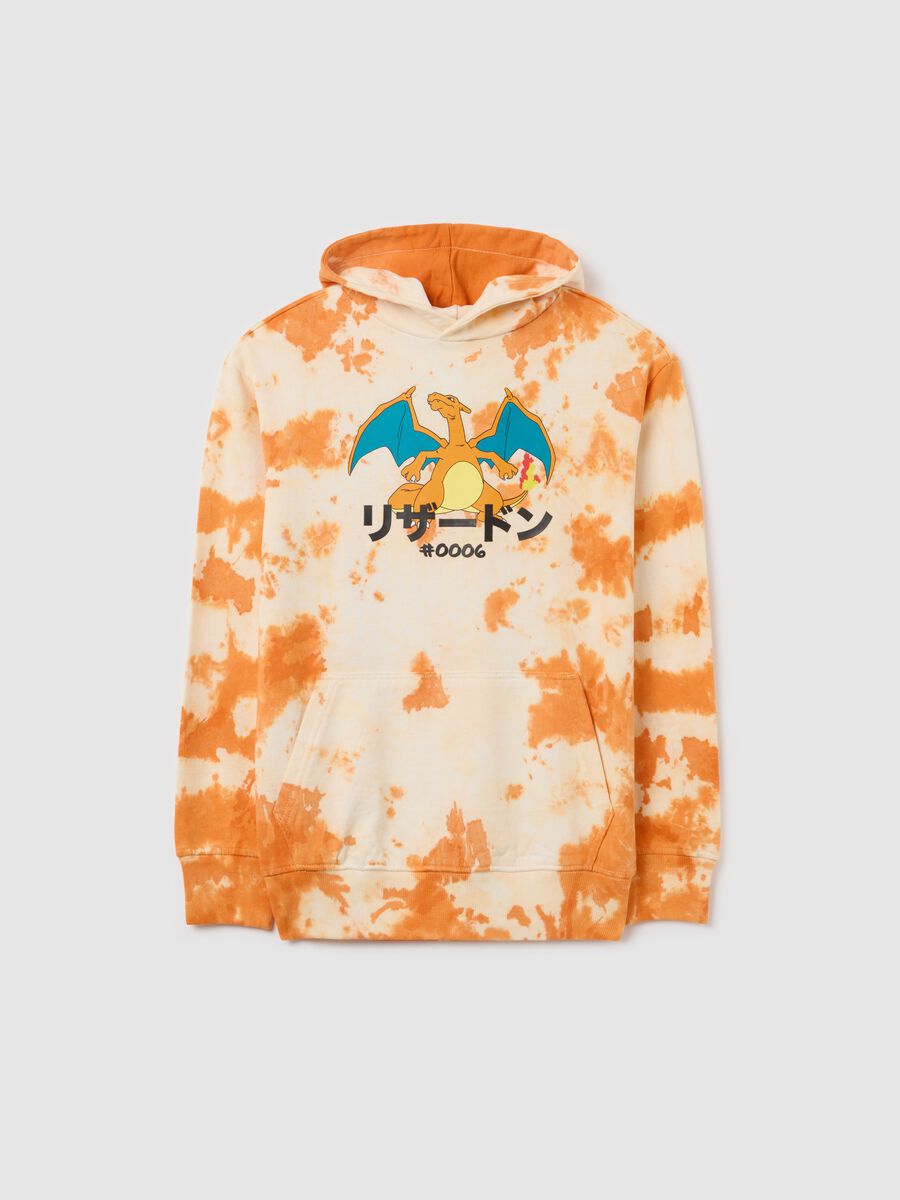 Orange tie-dye sweatshirt with hood and Charizard print_3