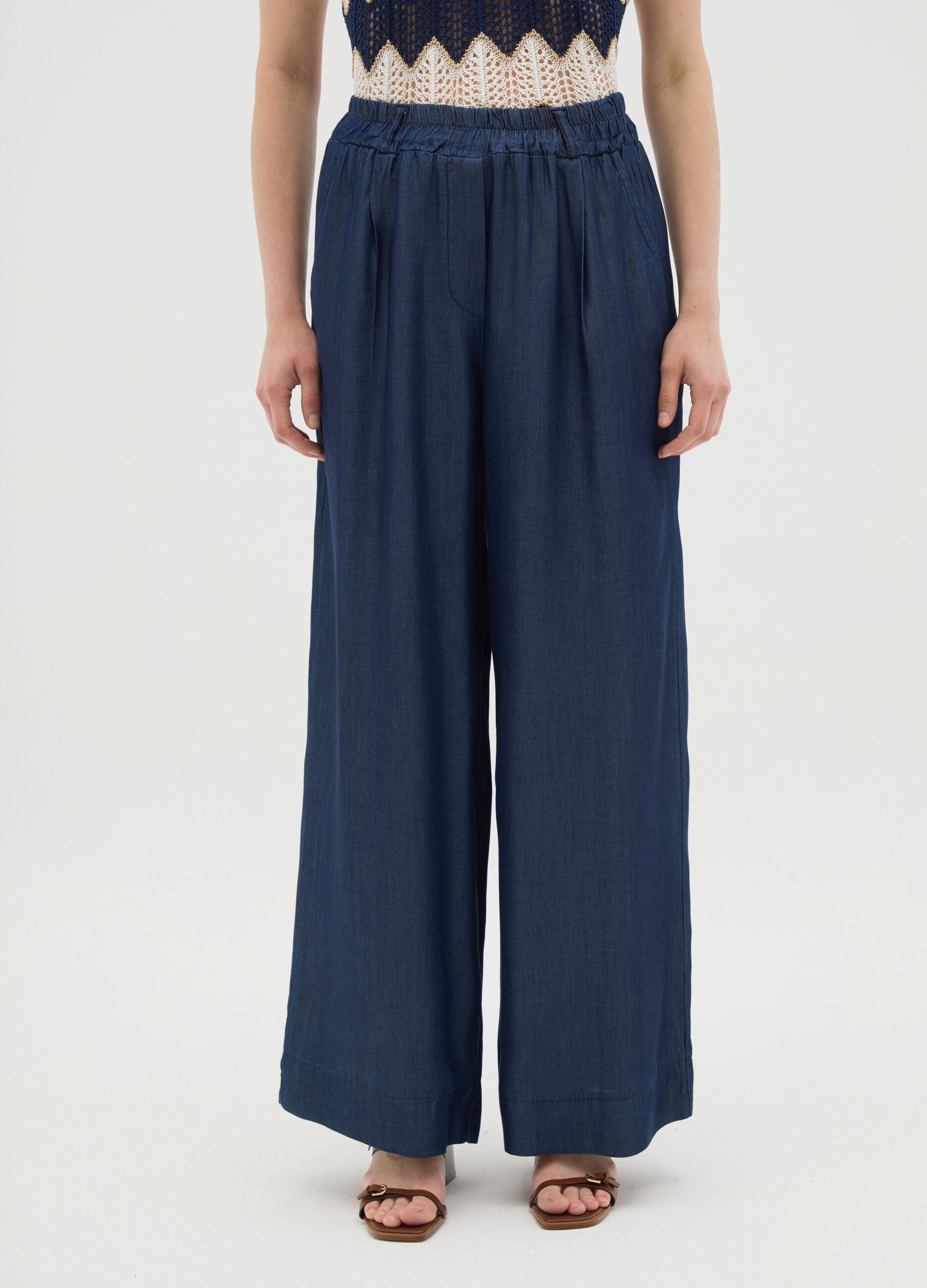 Women's regular fit blue lyocell palazzo trousers