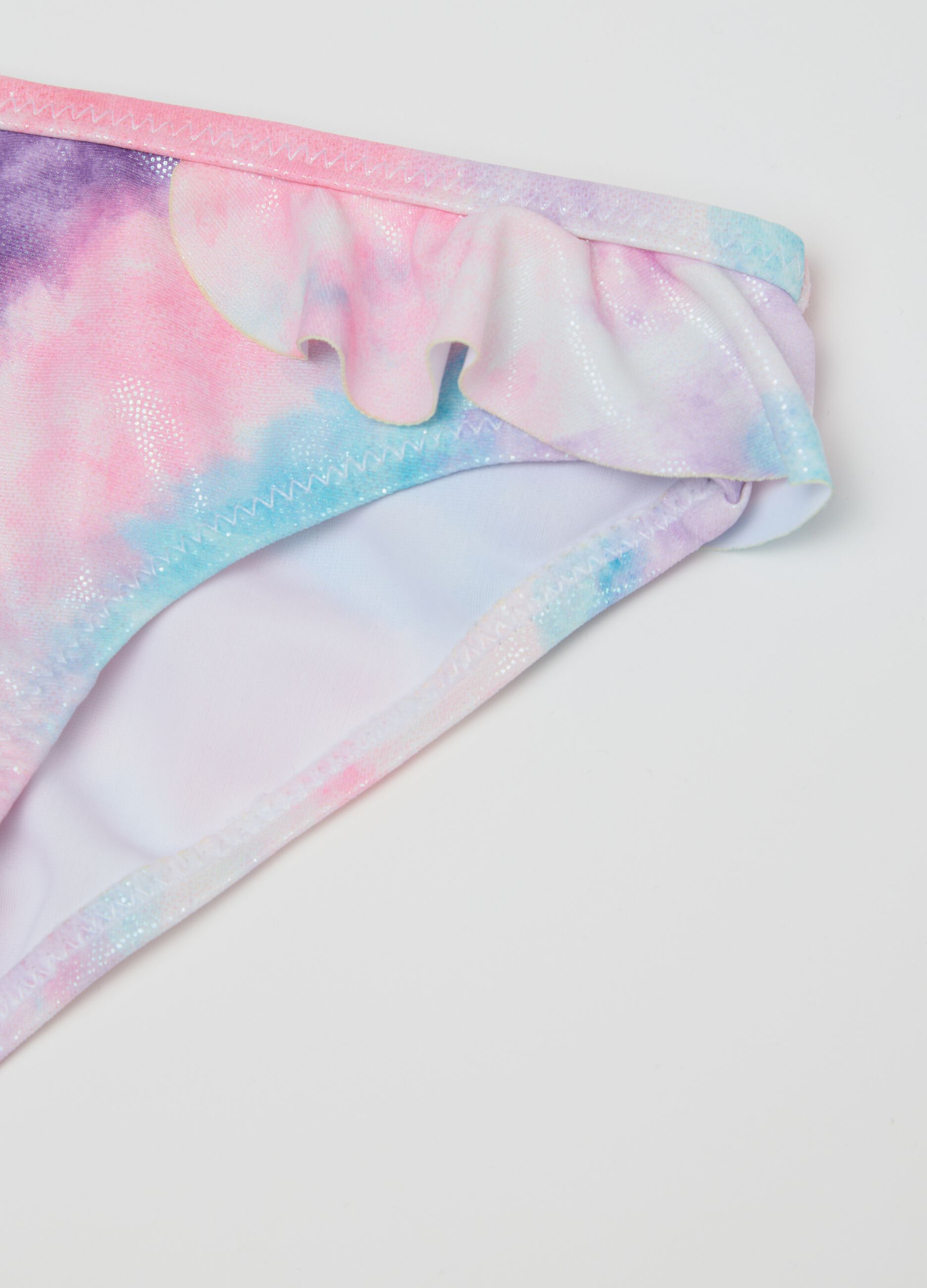 Slip bikini da bambina in tessuto elasticizzato multicolor con volant