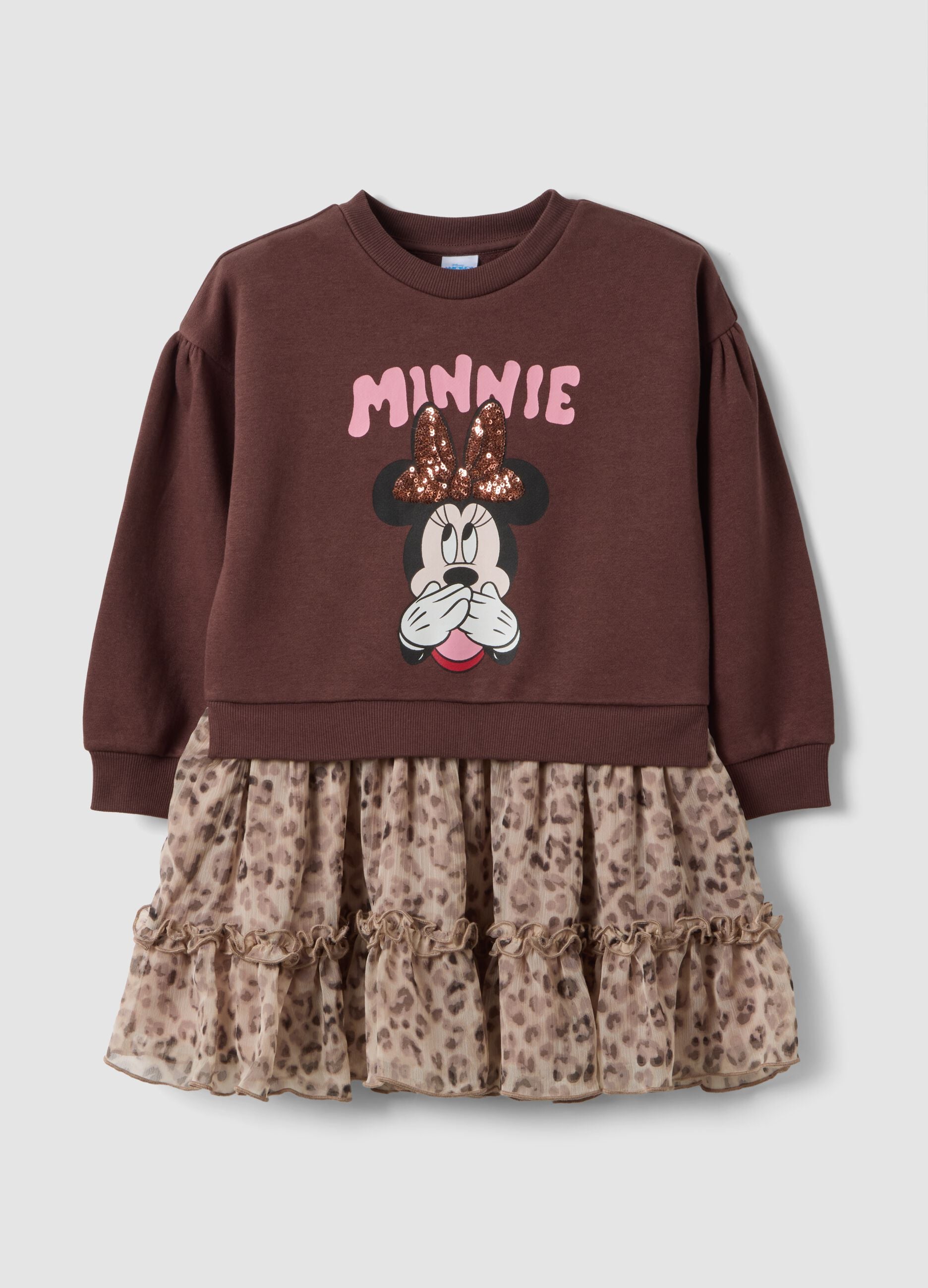 Brown crew-neck cotton-blend Minnie print dress