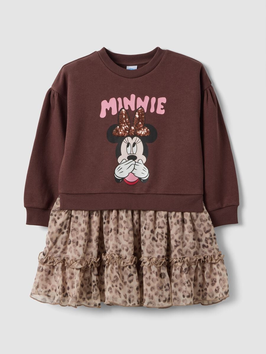 Abito marrone girocollo in misto cotone con stampa Minnie_0