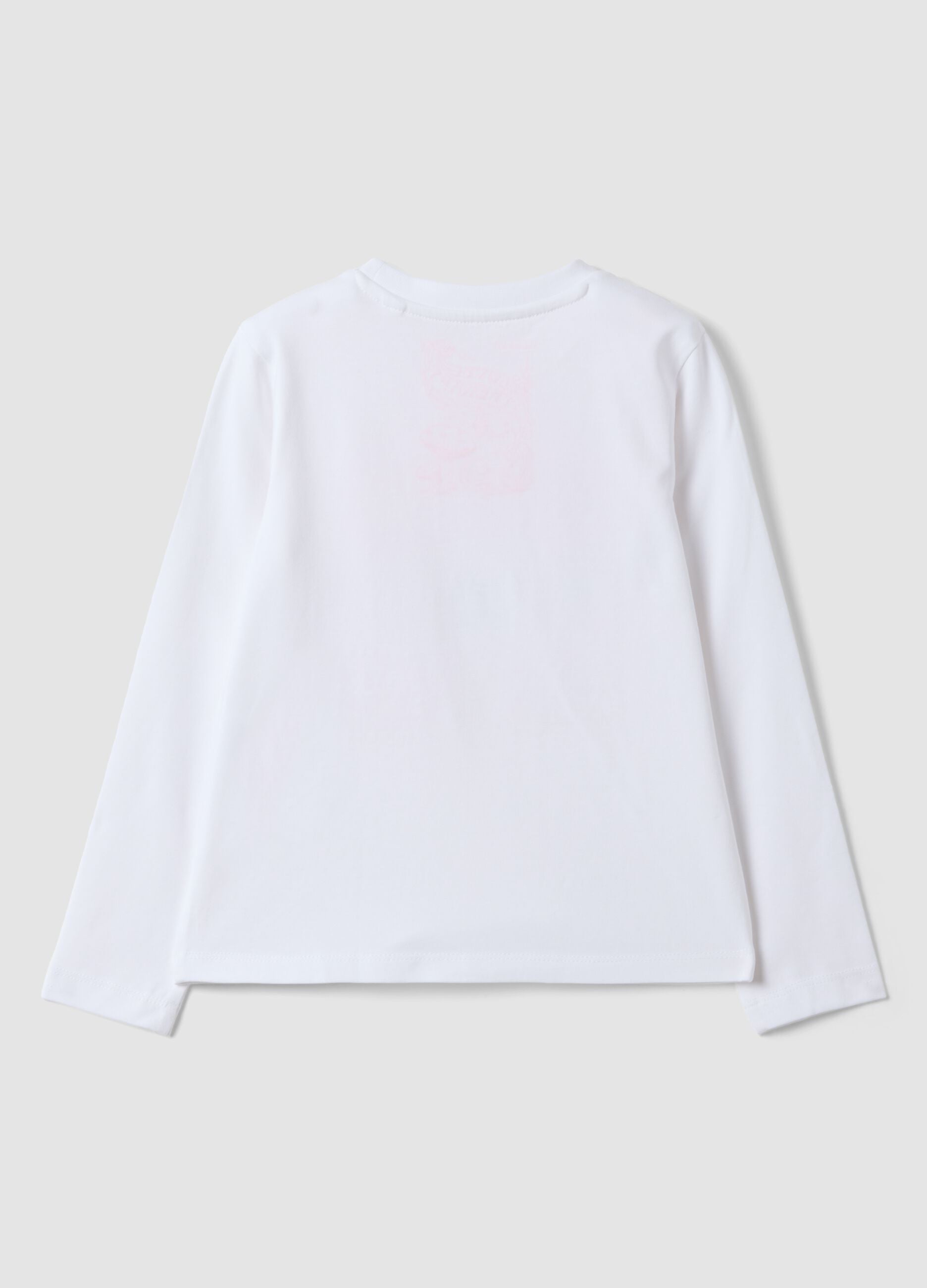 T-shirt bianca in cotone elasticizzato con girocollo e stampa per bambina