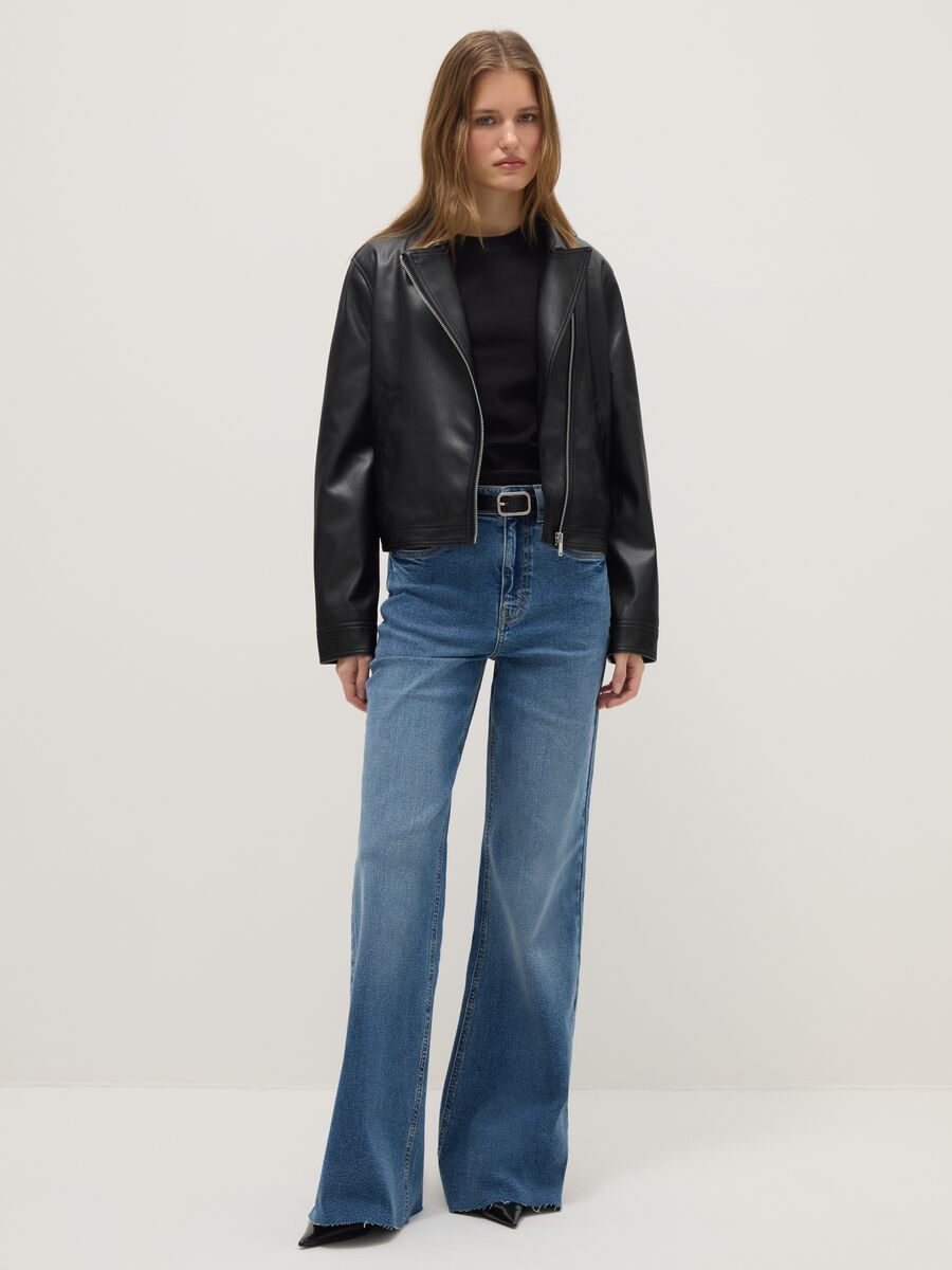 Wide leg stretch cotton blue jeans_0