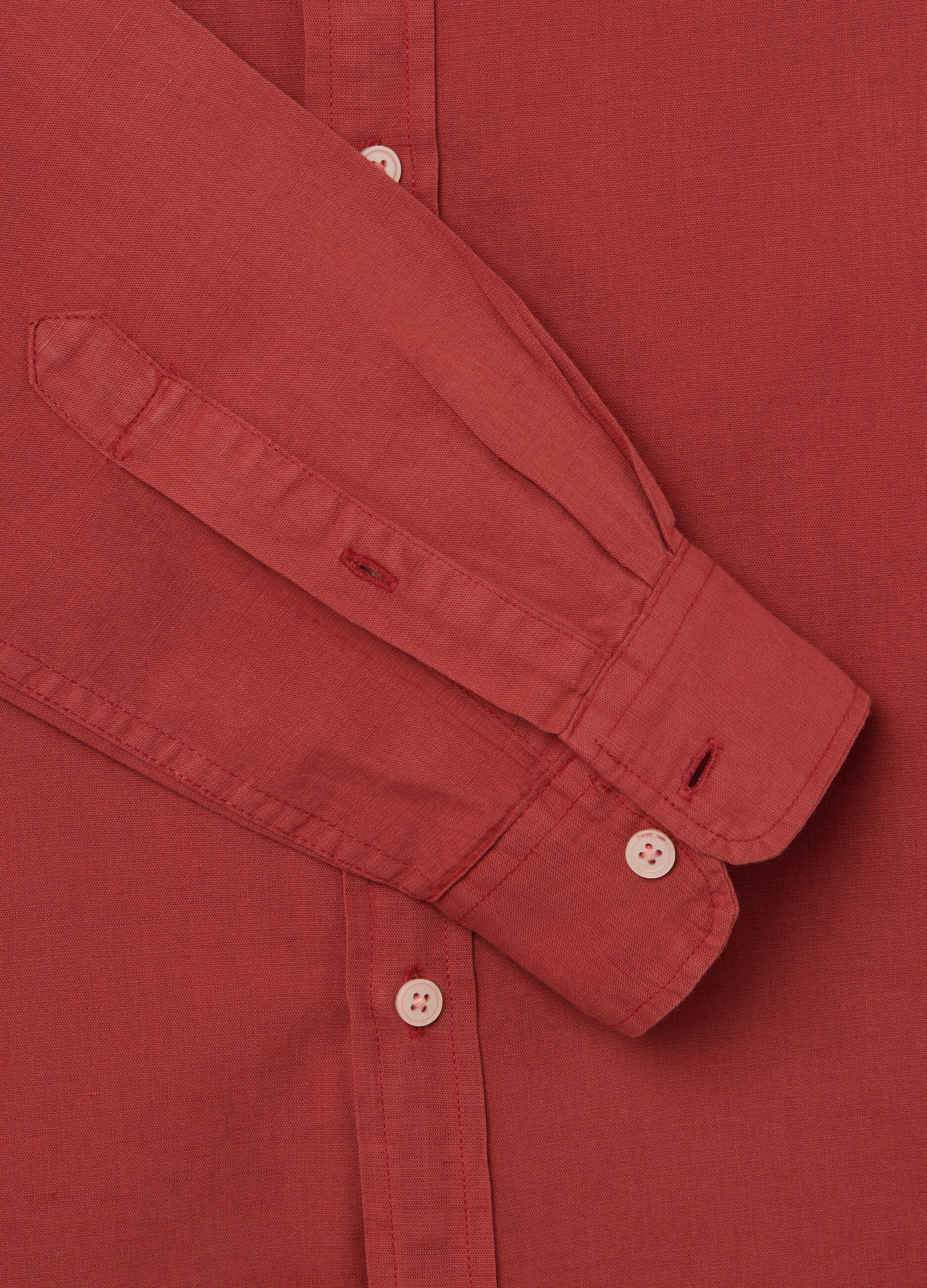 Camicia da uomo in cotone e lino rossa regular fit con colletto coreano