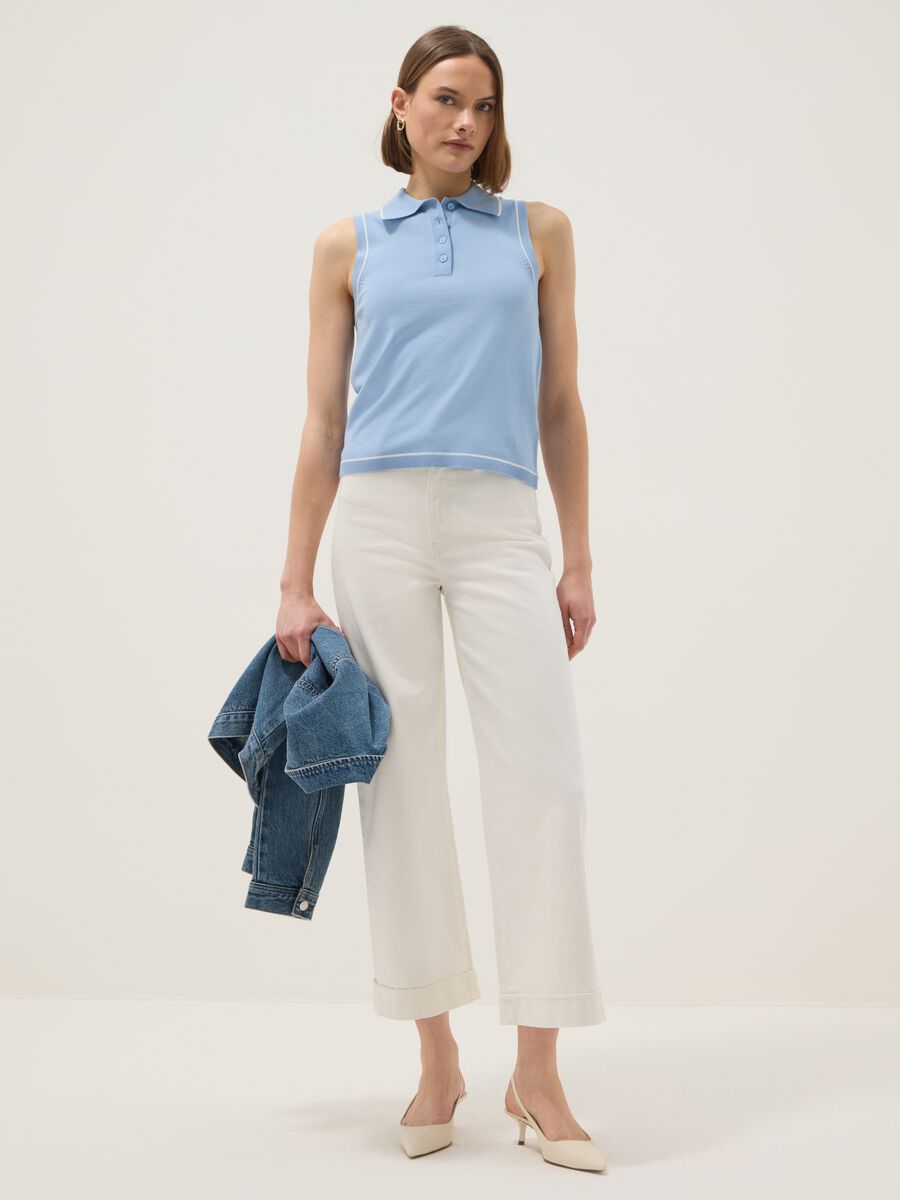 Polo senza maniche in misto viscosa azzurra slim fit con bottoni_1