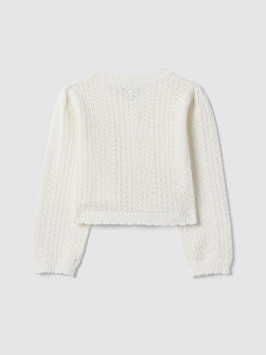 White fitted cotton cardigan for girls with lace design_1