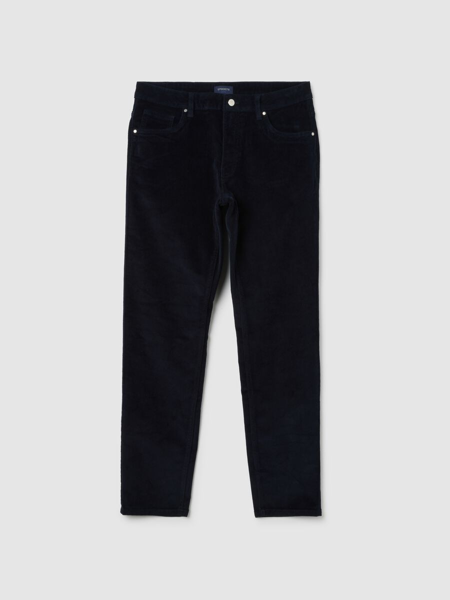 Pantaloni in cotone elasticizzato blu slim fit a coste_4