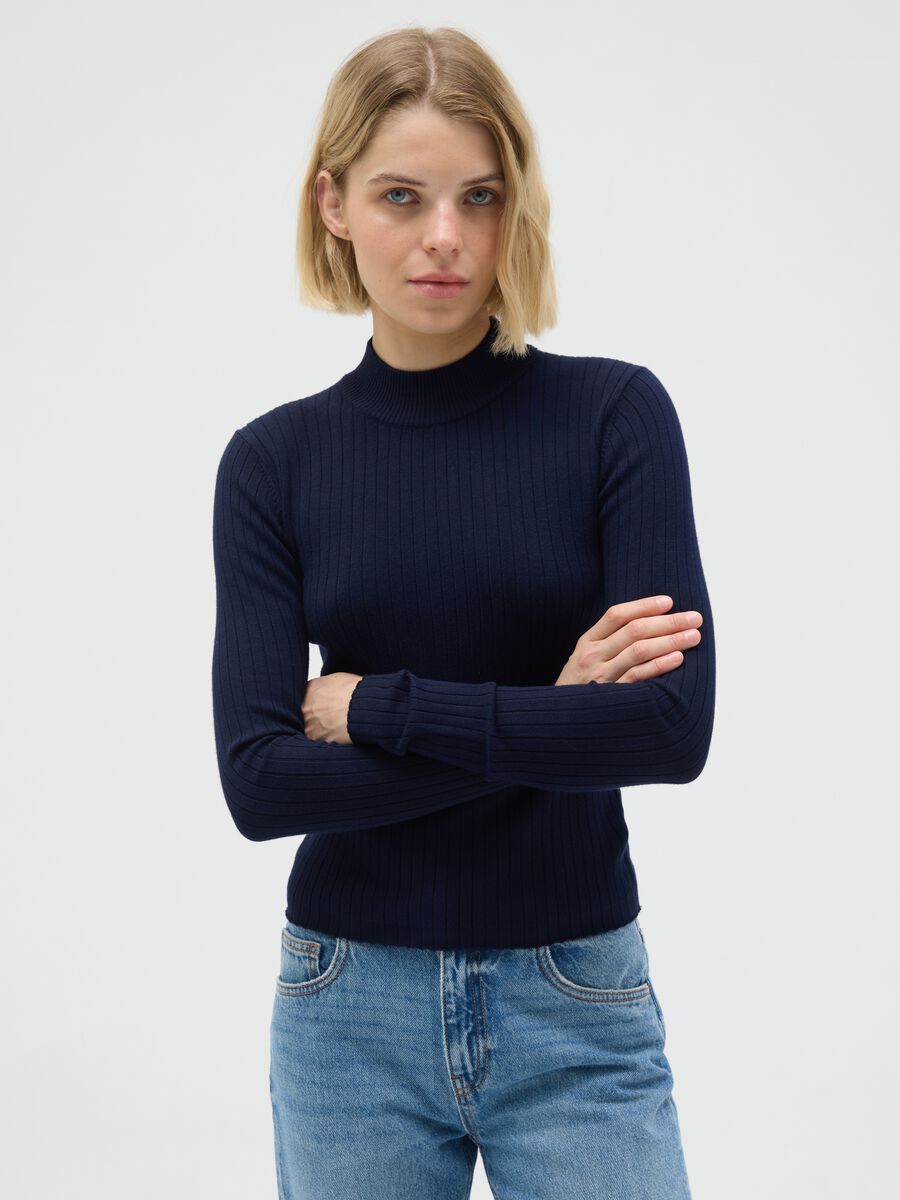 Blue fitted viscose blend sweater_0