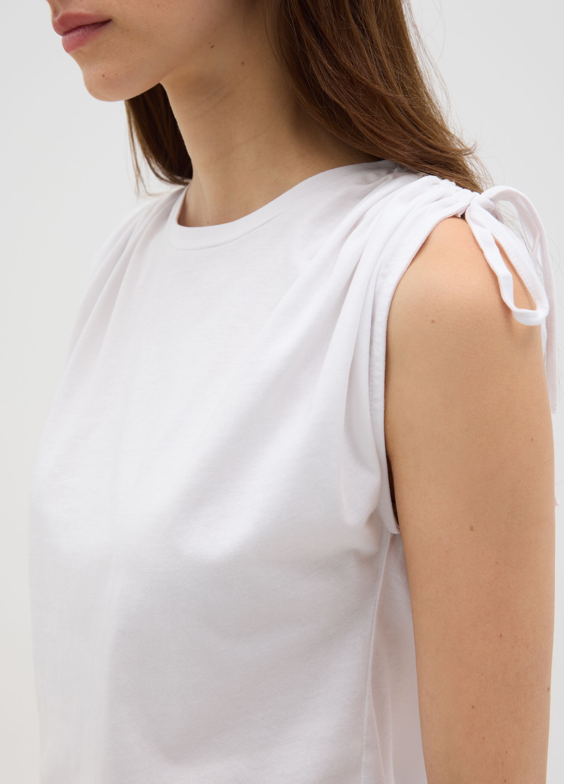 Women's white pure cotton T-shirt with regular fit and tie details
