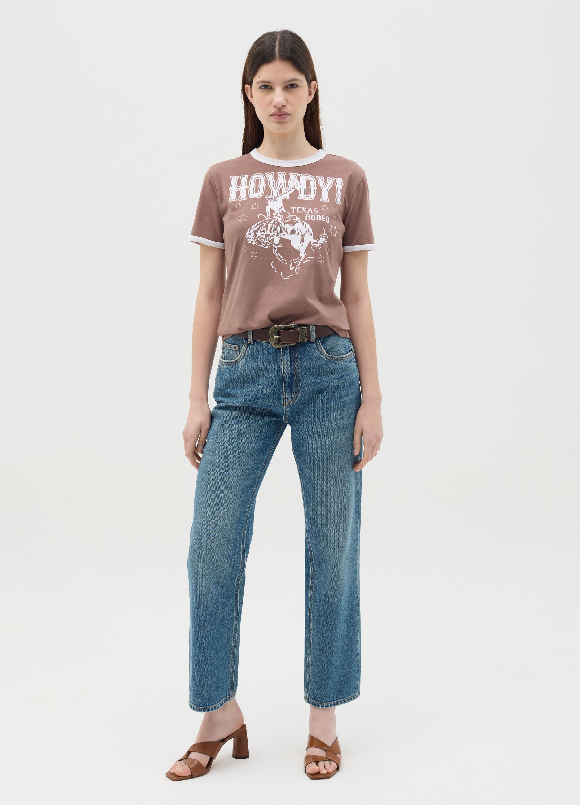 Brown T-shirt in cotton with Texas Rodeo motif print