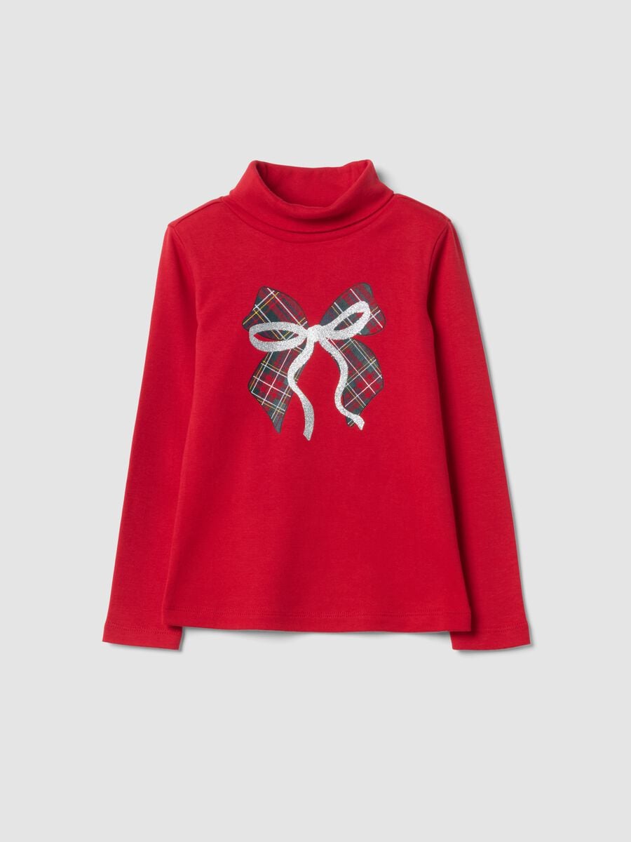 T-shirt rossa in puro cotone dolcevita con stampa fiocco_0