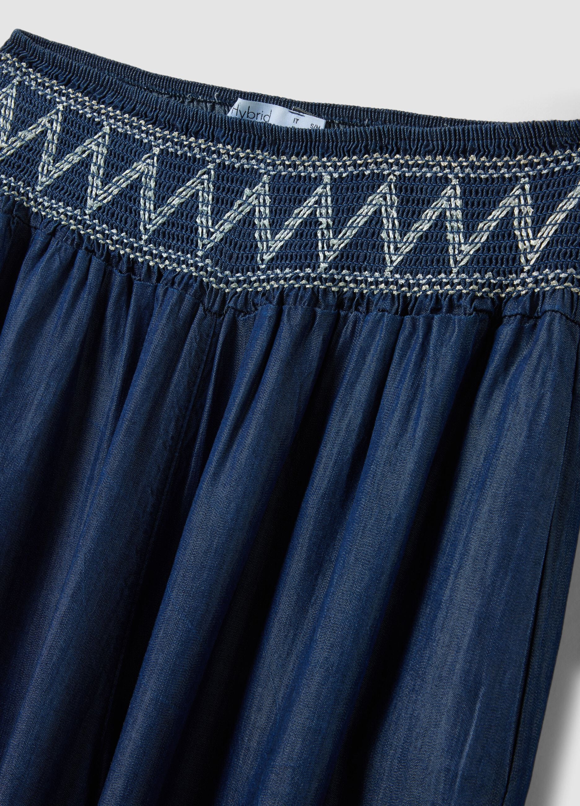 Wide-leg blue formal trousers in pure lyocell with embroidered waistband