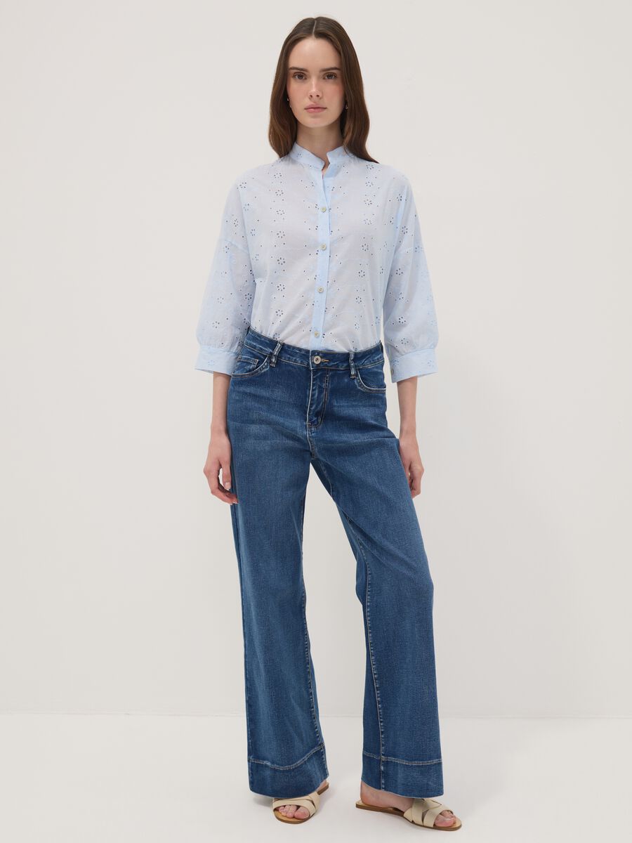 Light Blue Broderie Cotton Shirt with Mandarin Collar, Regular Fit_1