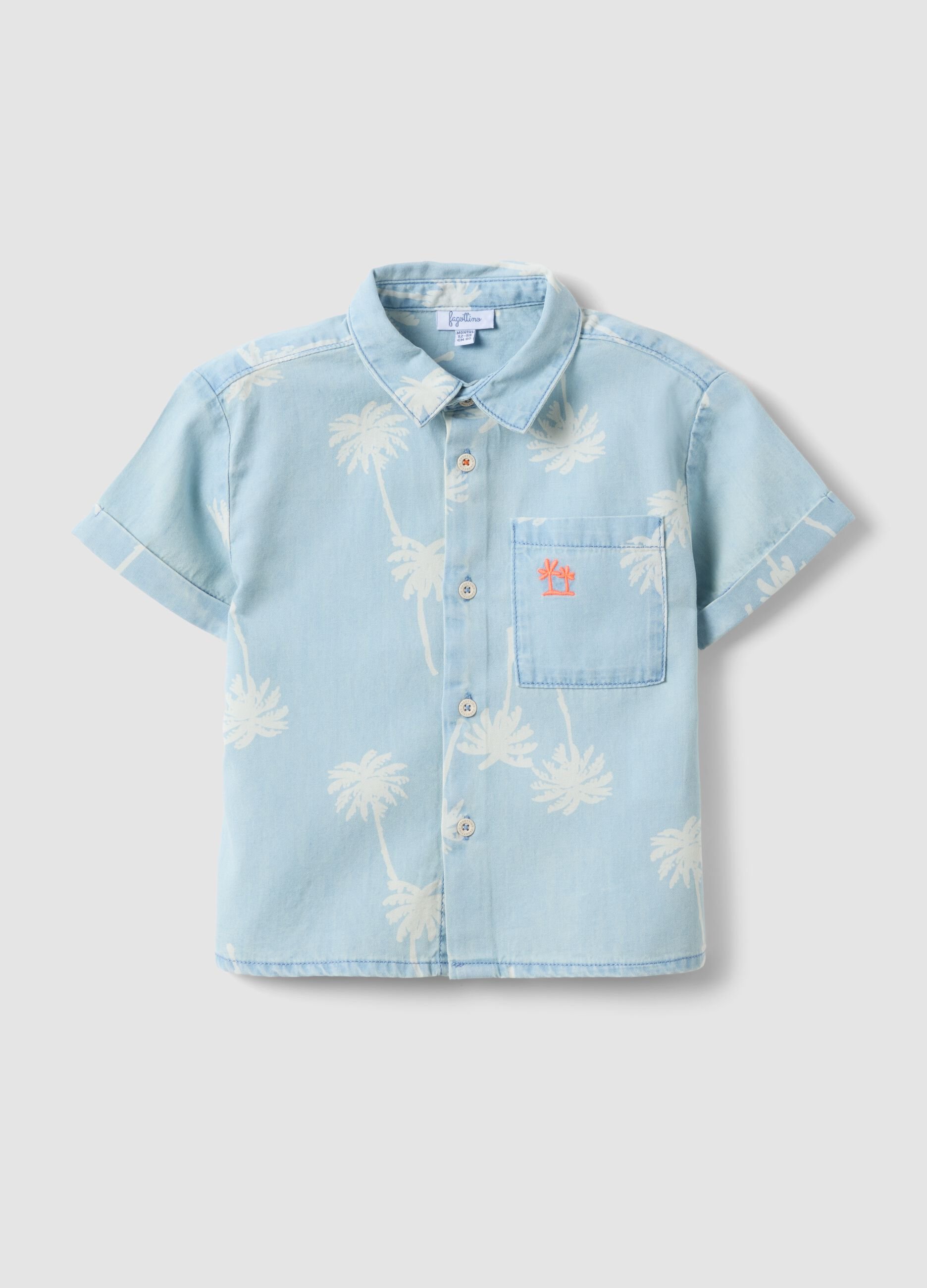 Light Blue Pure Cotton Denim Child's Shirt Regular Fit with Palm Trees