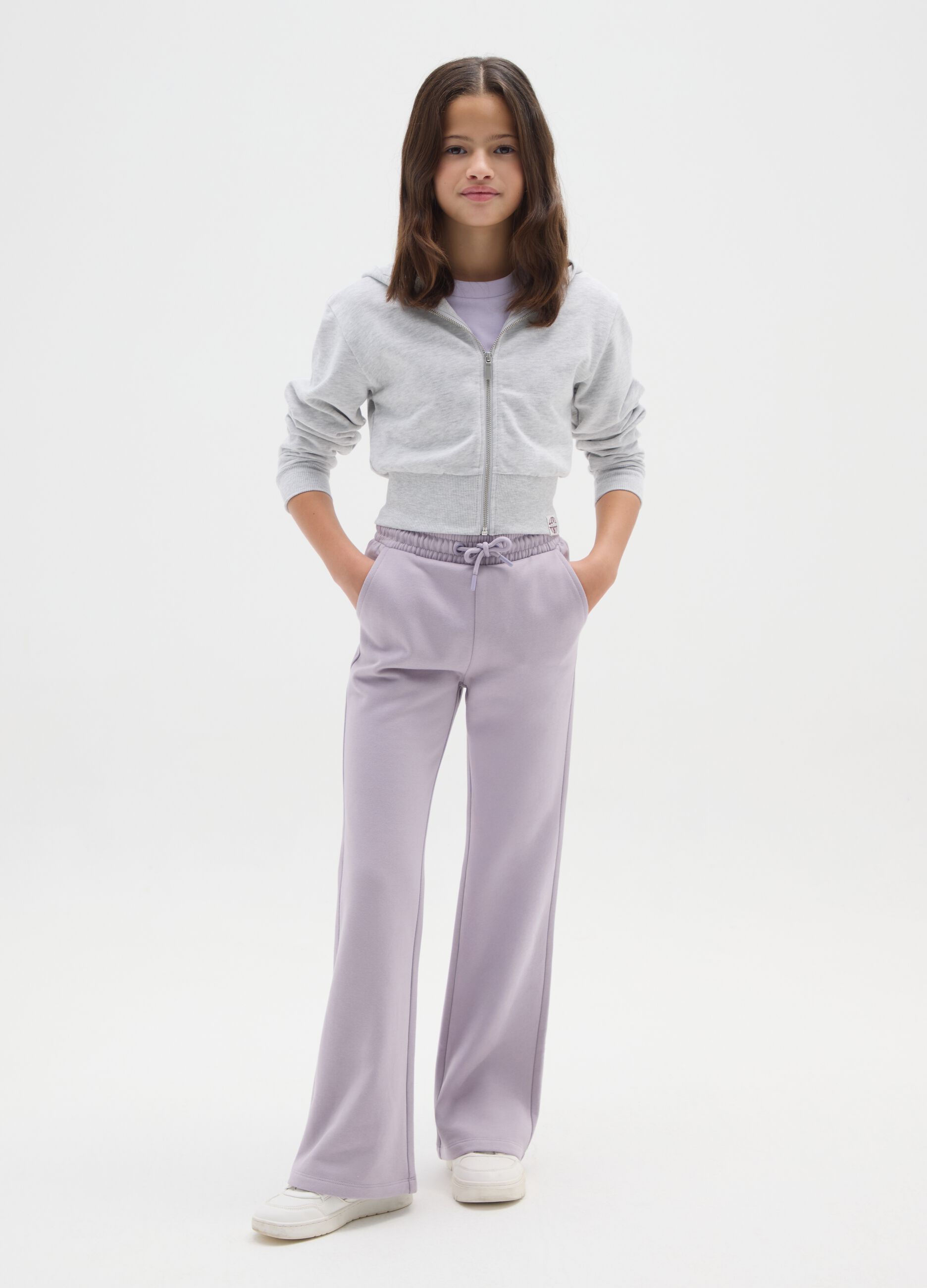 Girl's purple flare trousers in pure cotton with regular waist